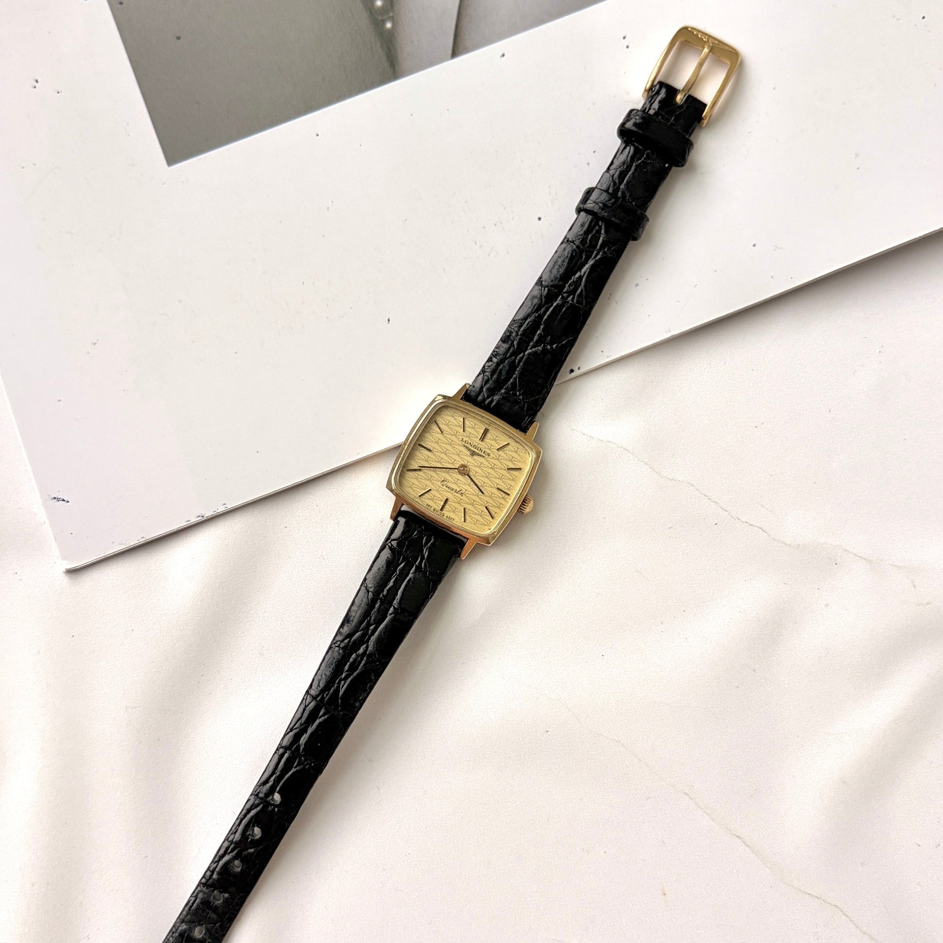L. Square Gold Pattern Dial with Black Strap Watch
