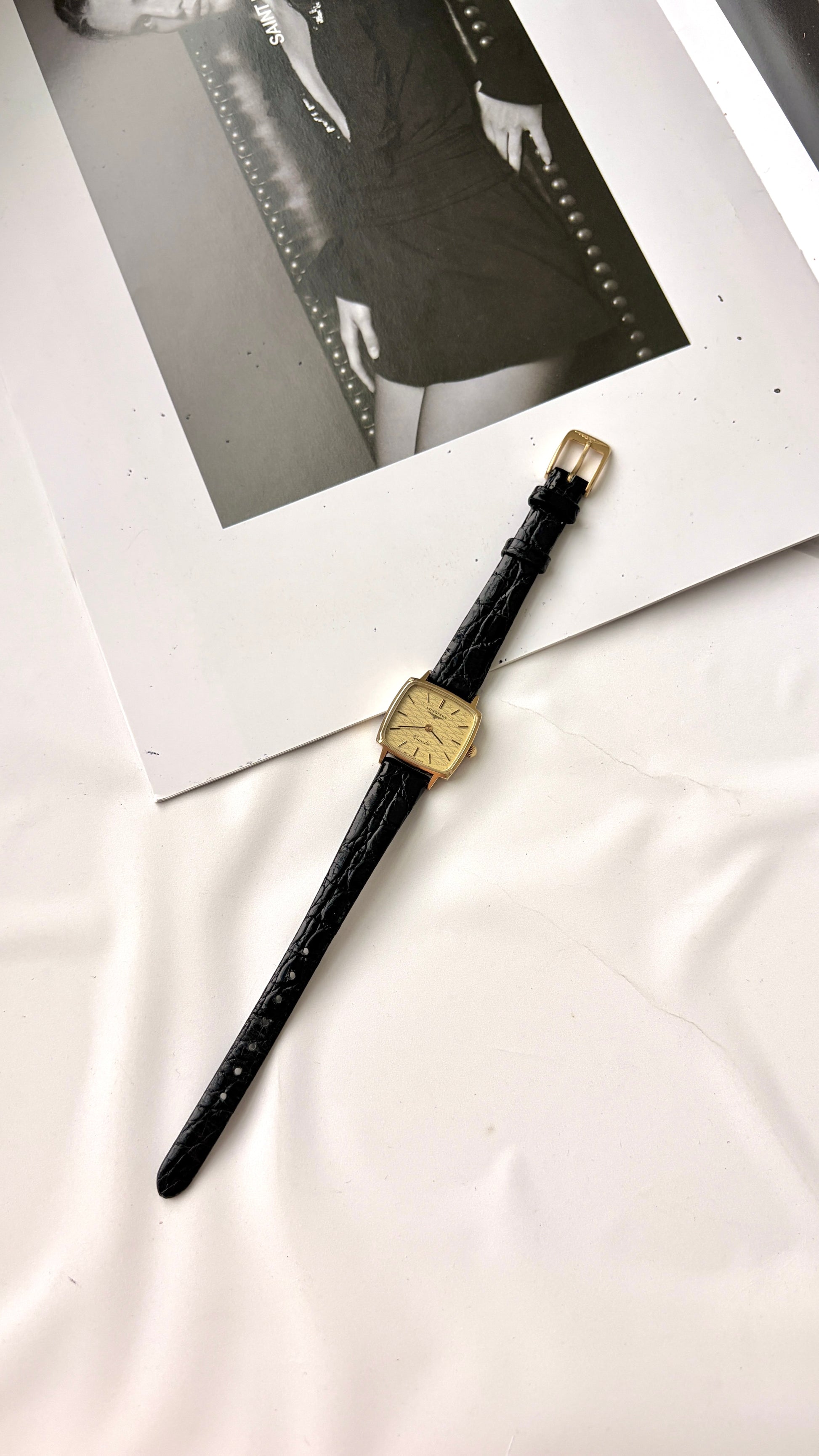 L. Square Gold Pattern Dial with Black Strap Watch