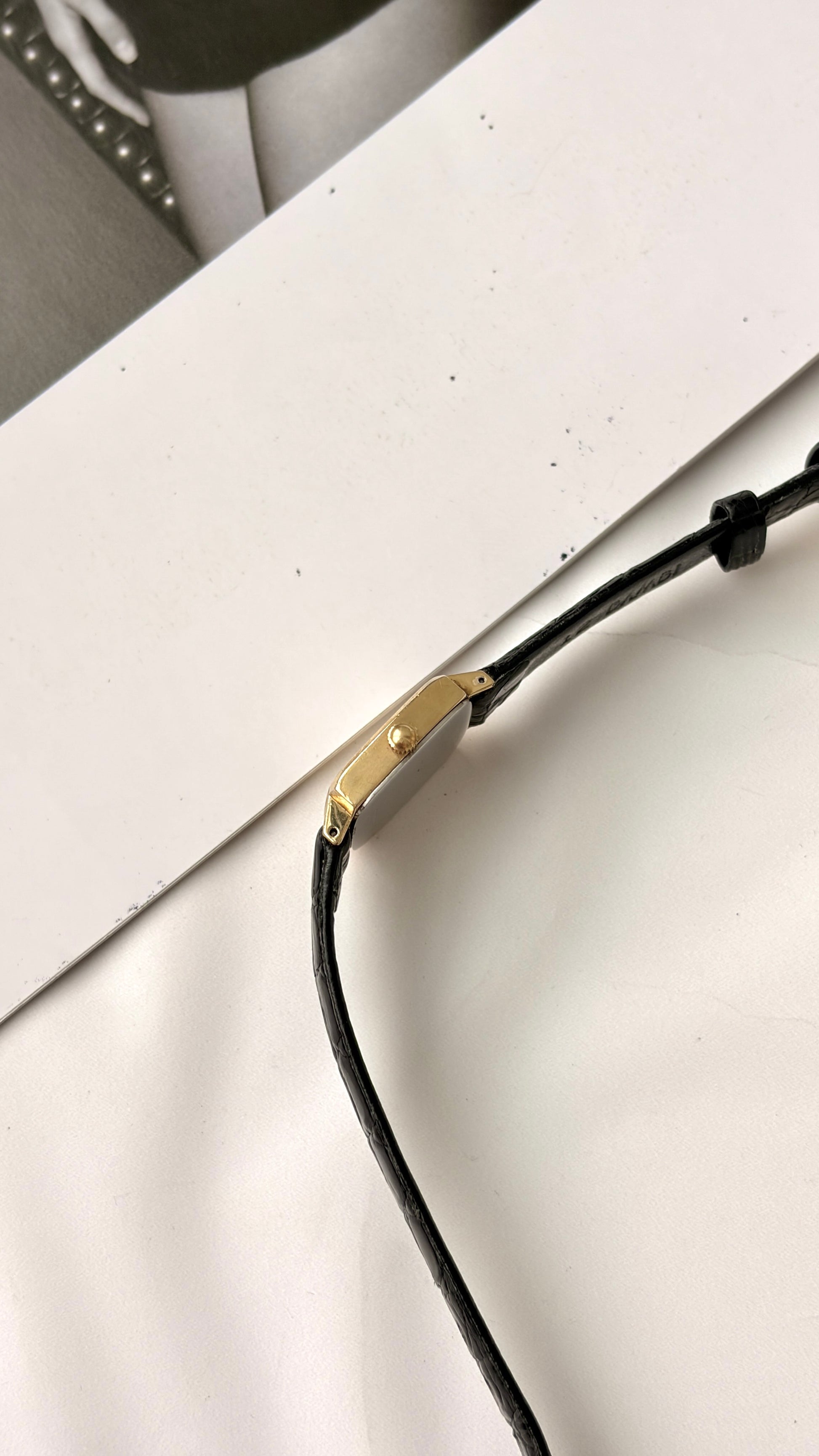 L. Square Gold Pattern Dial with Black Strap Watch