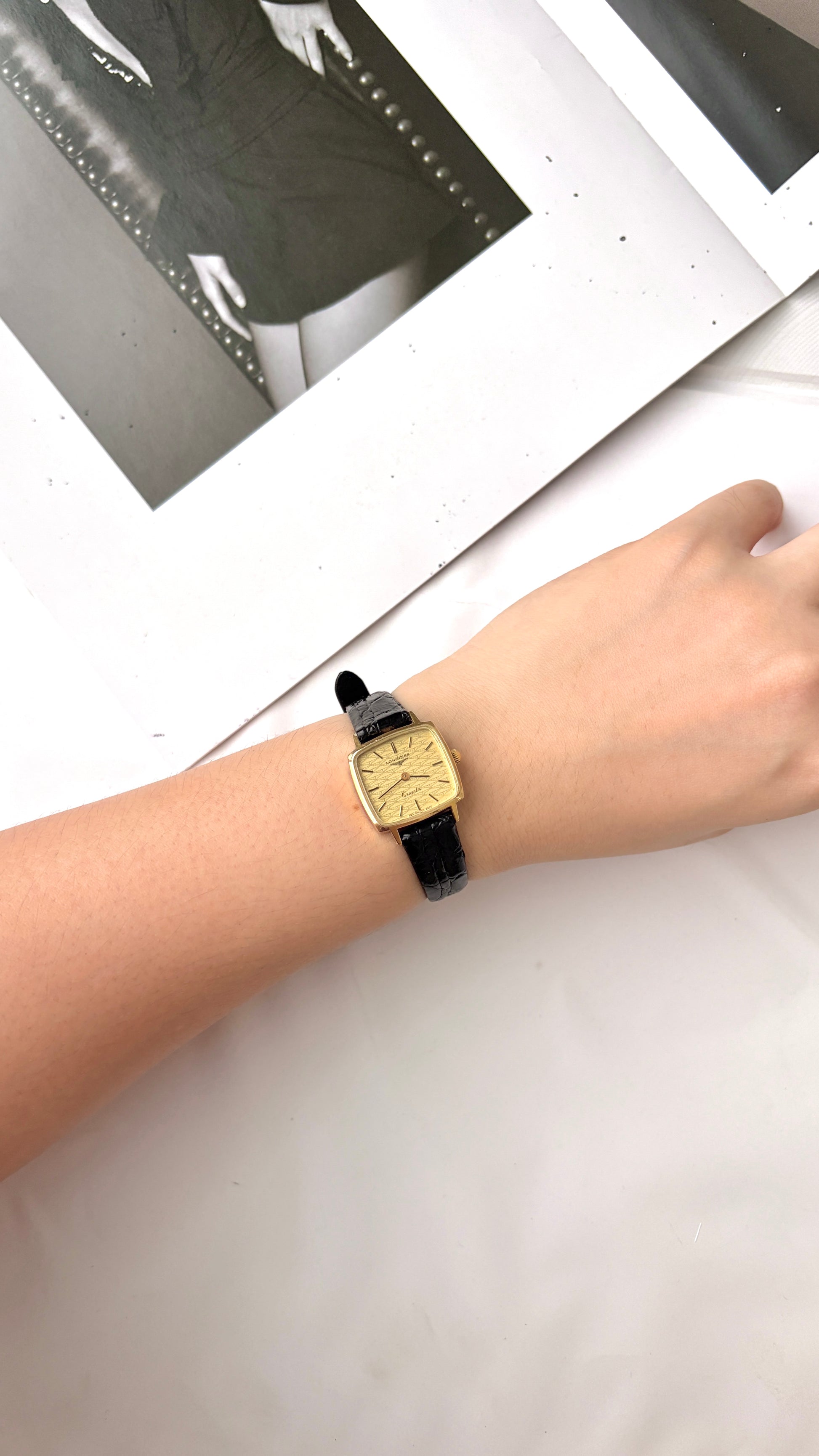 L. Square Gold Pattern Dial with Black Strap Watch
