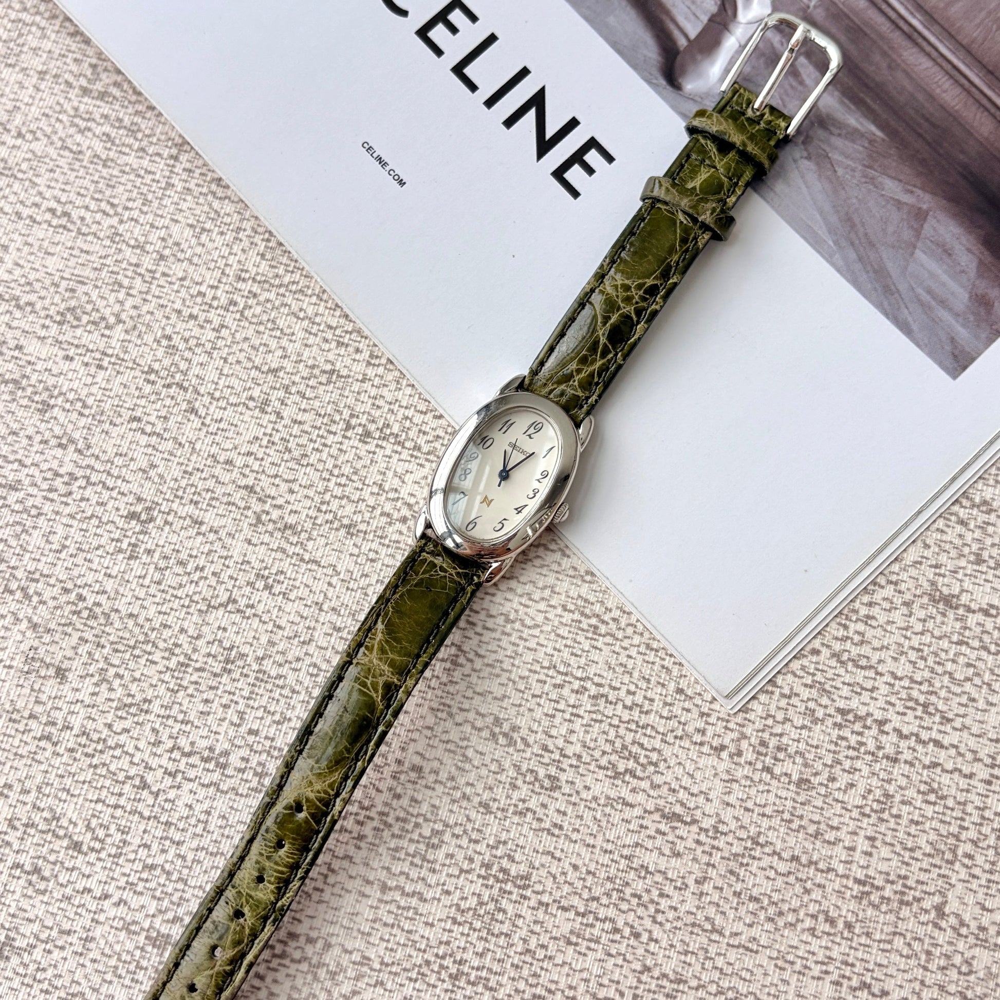 S. Noie White Oval Dial with Olive Green Strap Watch