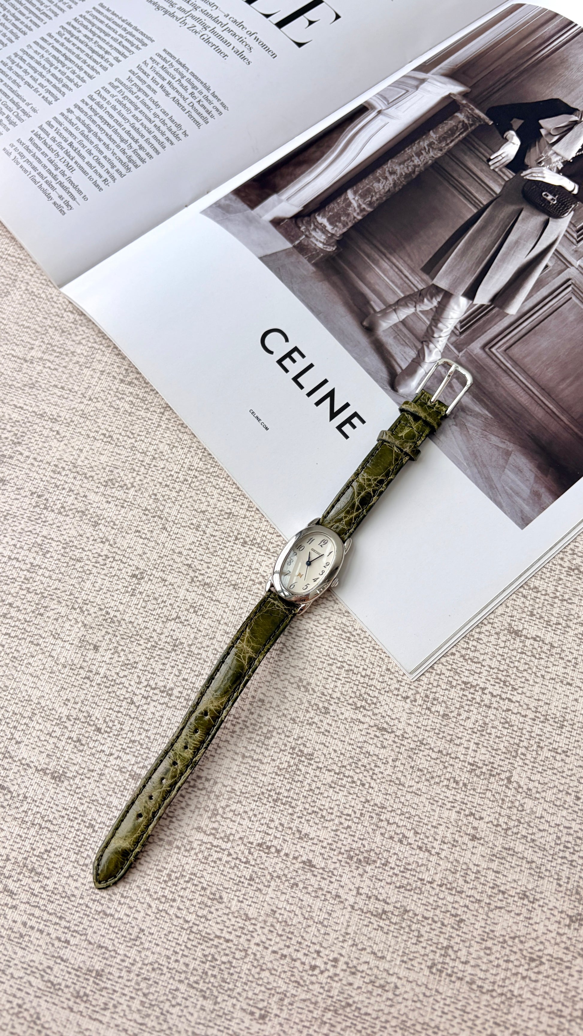 S. Noie White Oval Dial with Olive Green Strap Watch