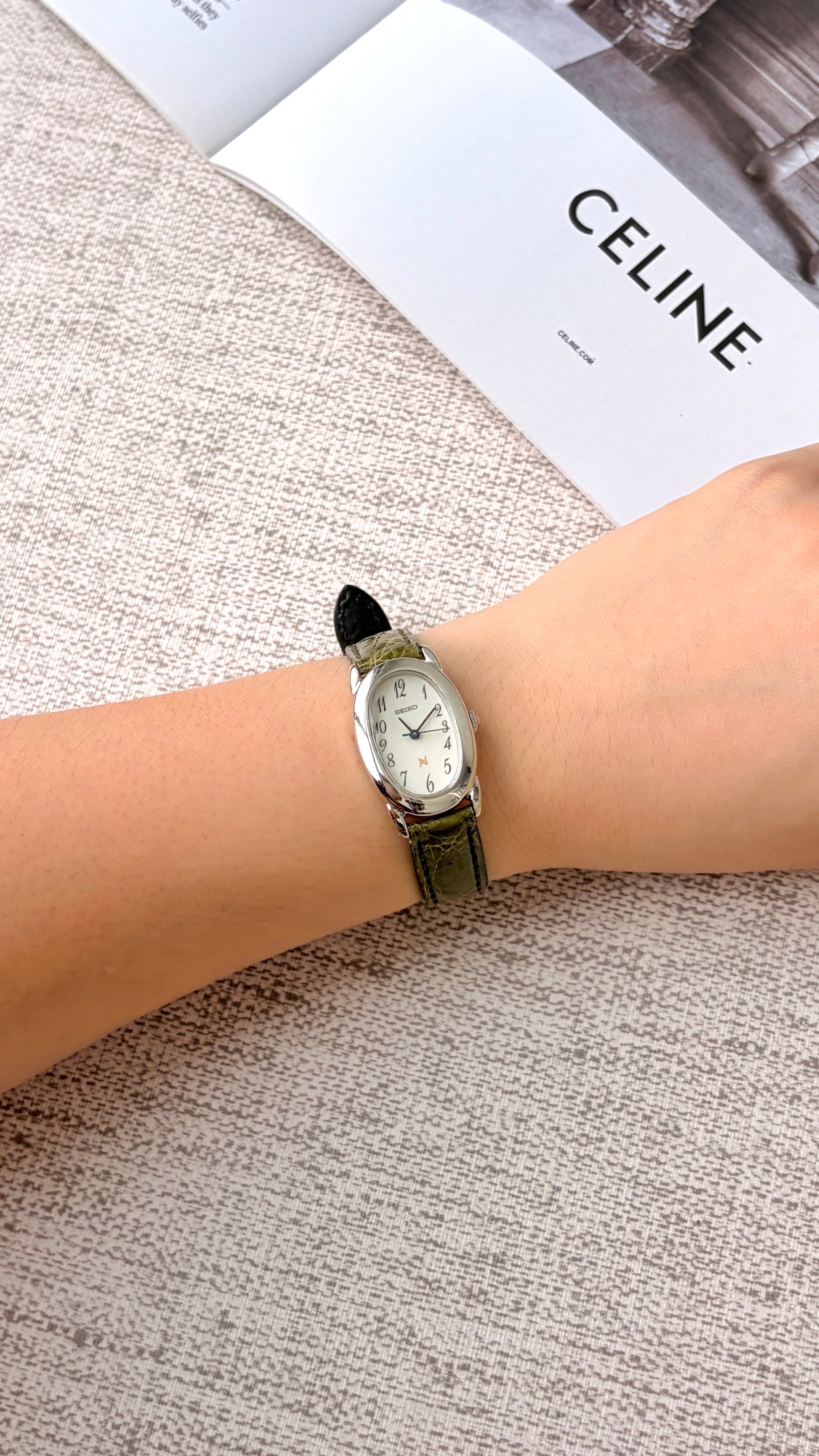 S. Noie White Oval Dial with Olive Green Strap Watch