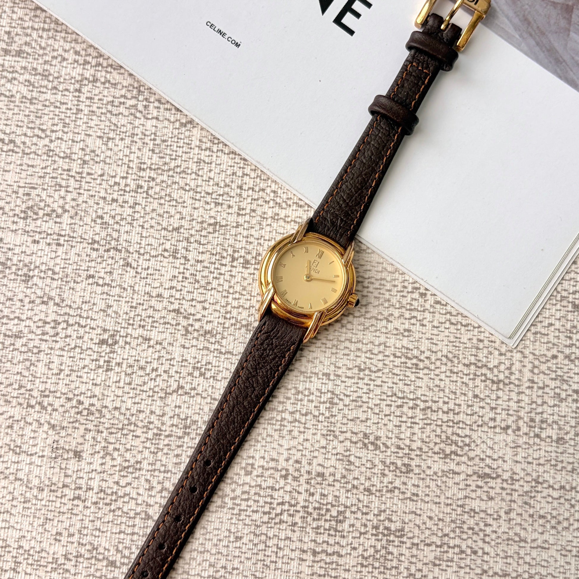 [WITH BOX] F. 300L Gold Round Dial with Brown Strap Watch