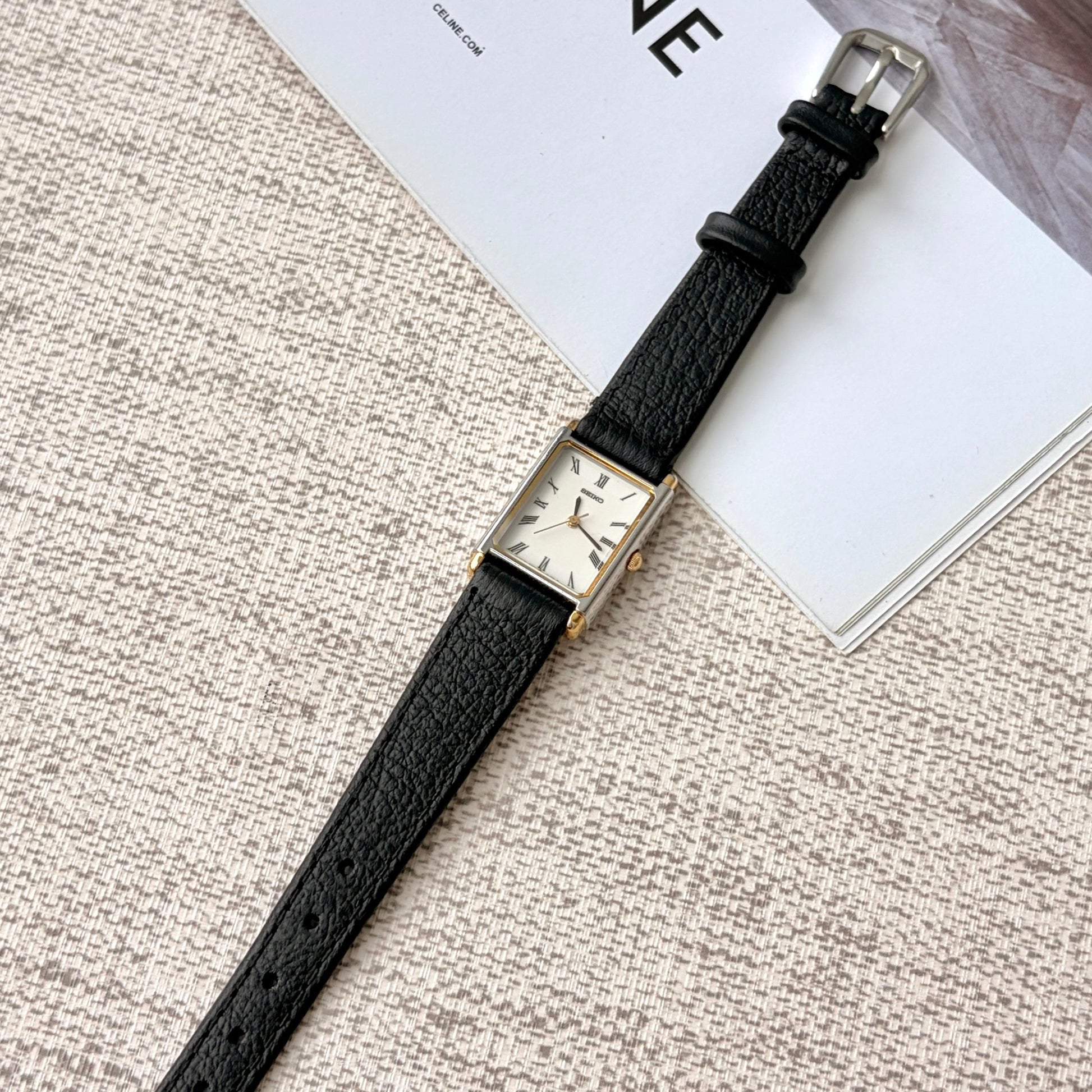 S. Rect White Roman DIal with Black Strap Watch