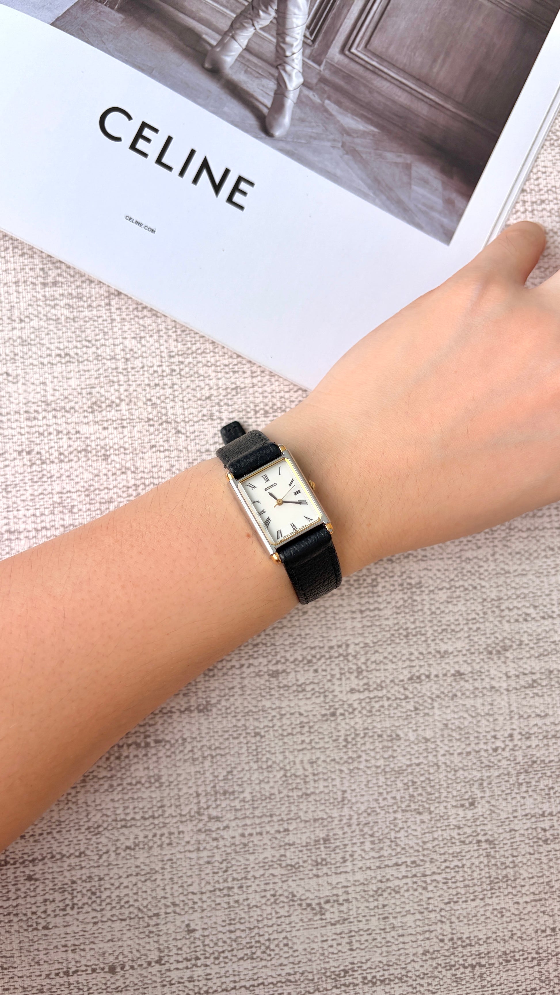 S. Rect White Roman DIal with Black Strap Watch