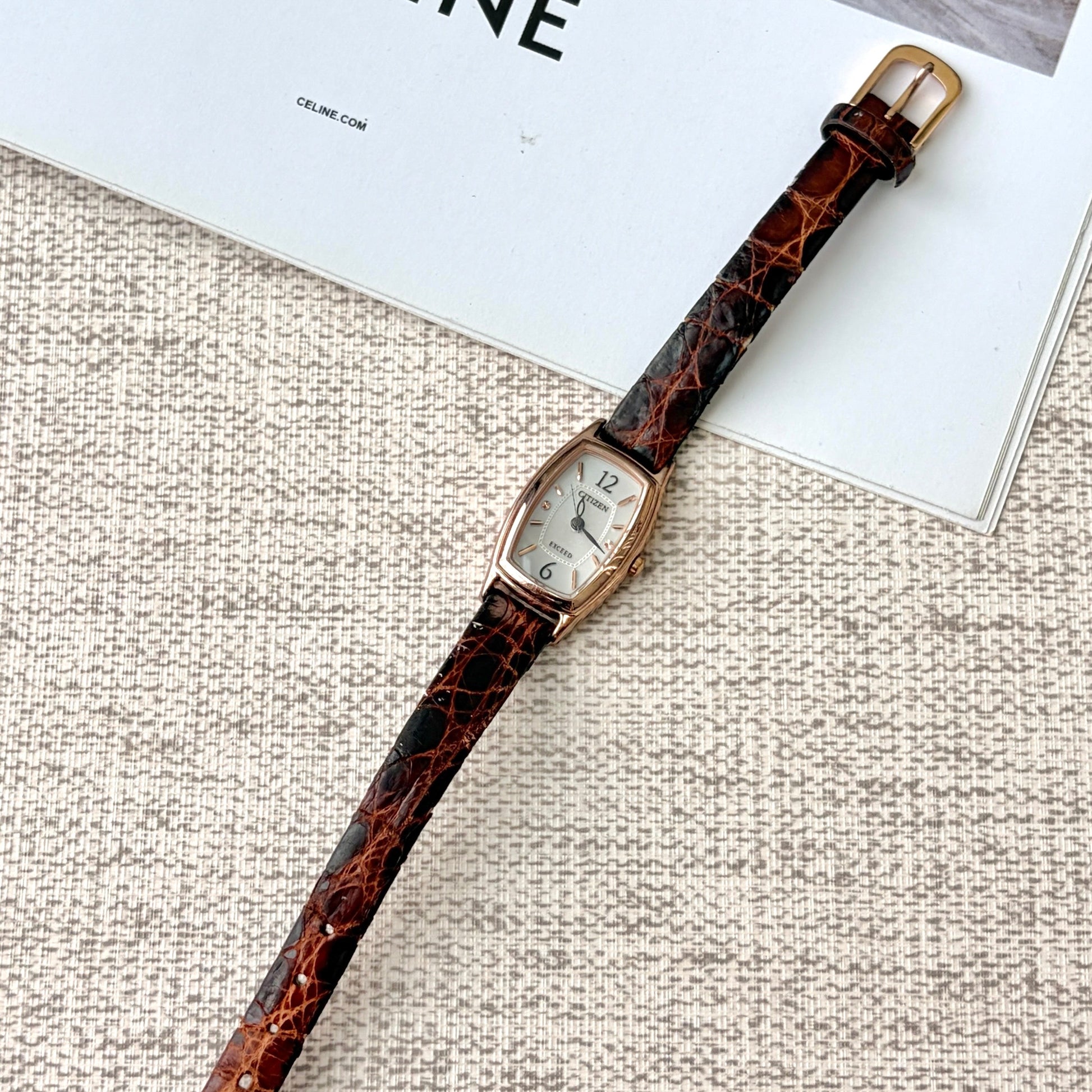 CTZ. Exceed Eco Drive White Oblong Dial with Dark Brown Strap Watch