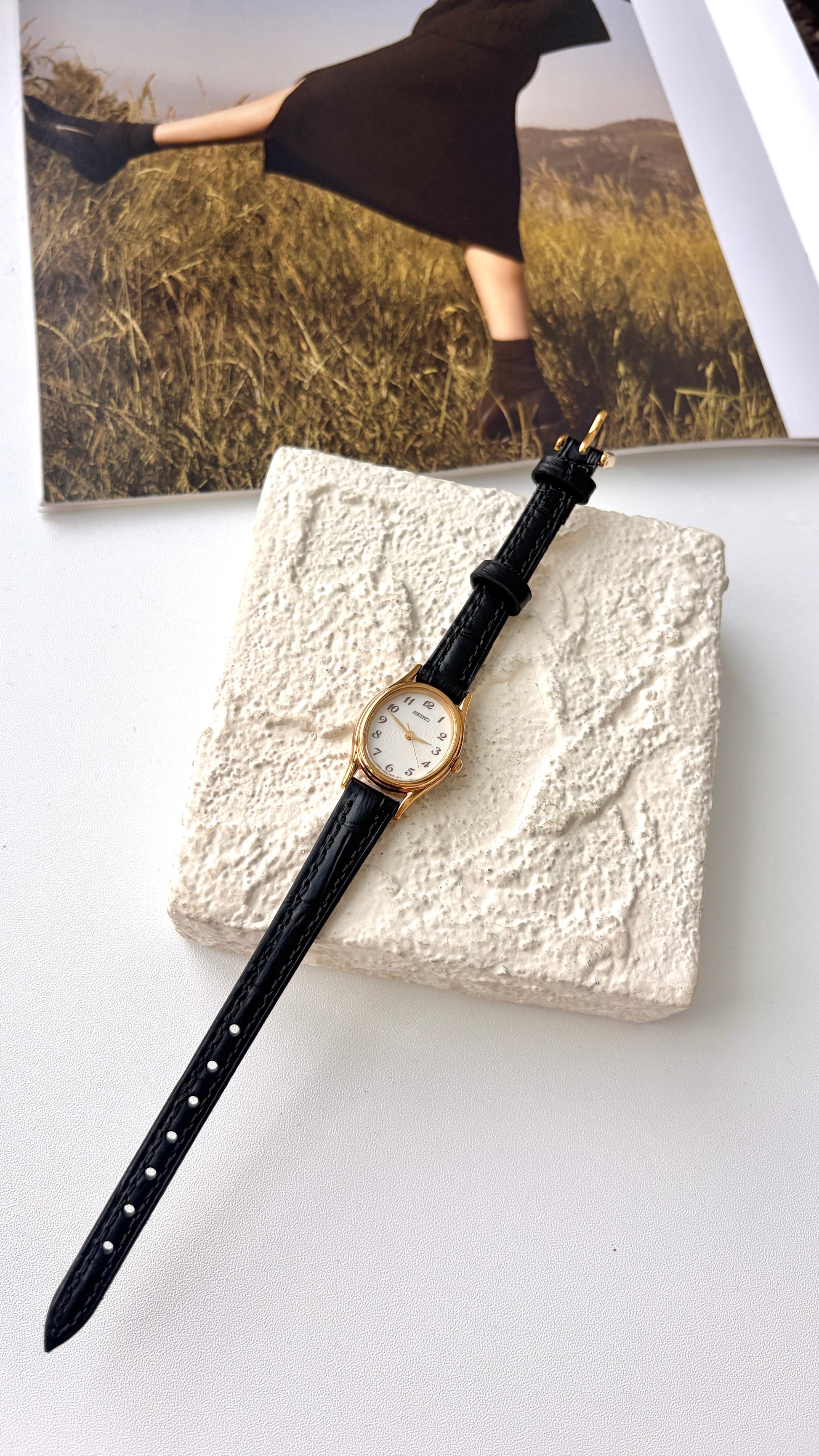 S. Oval White Dial with Black Strap Watch