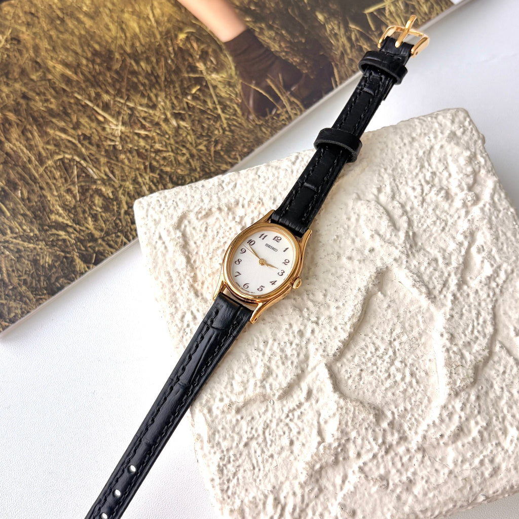 S. Oval White Dial with Black Strap Watch