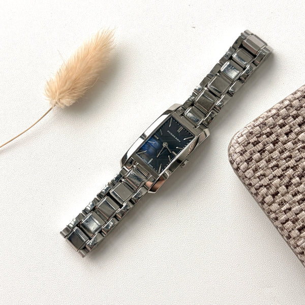 BRBY. Blue Rectangle Dial with Silver Chain Watch