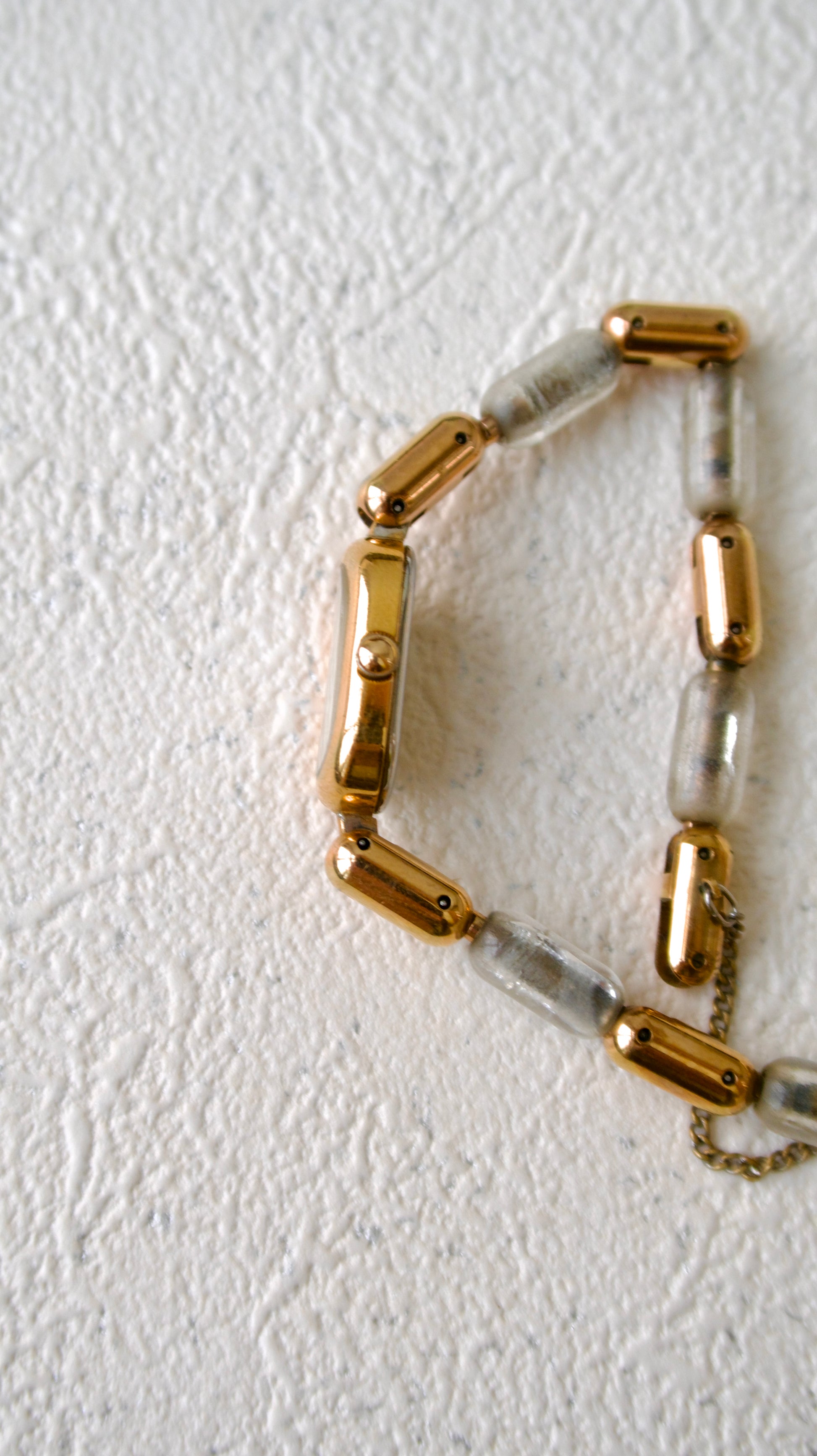 S. Oval White Dial with Gold Chain & Clear Beads