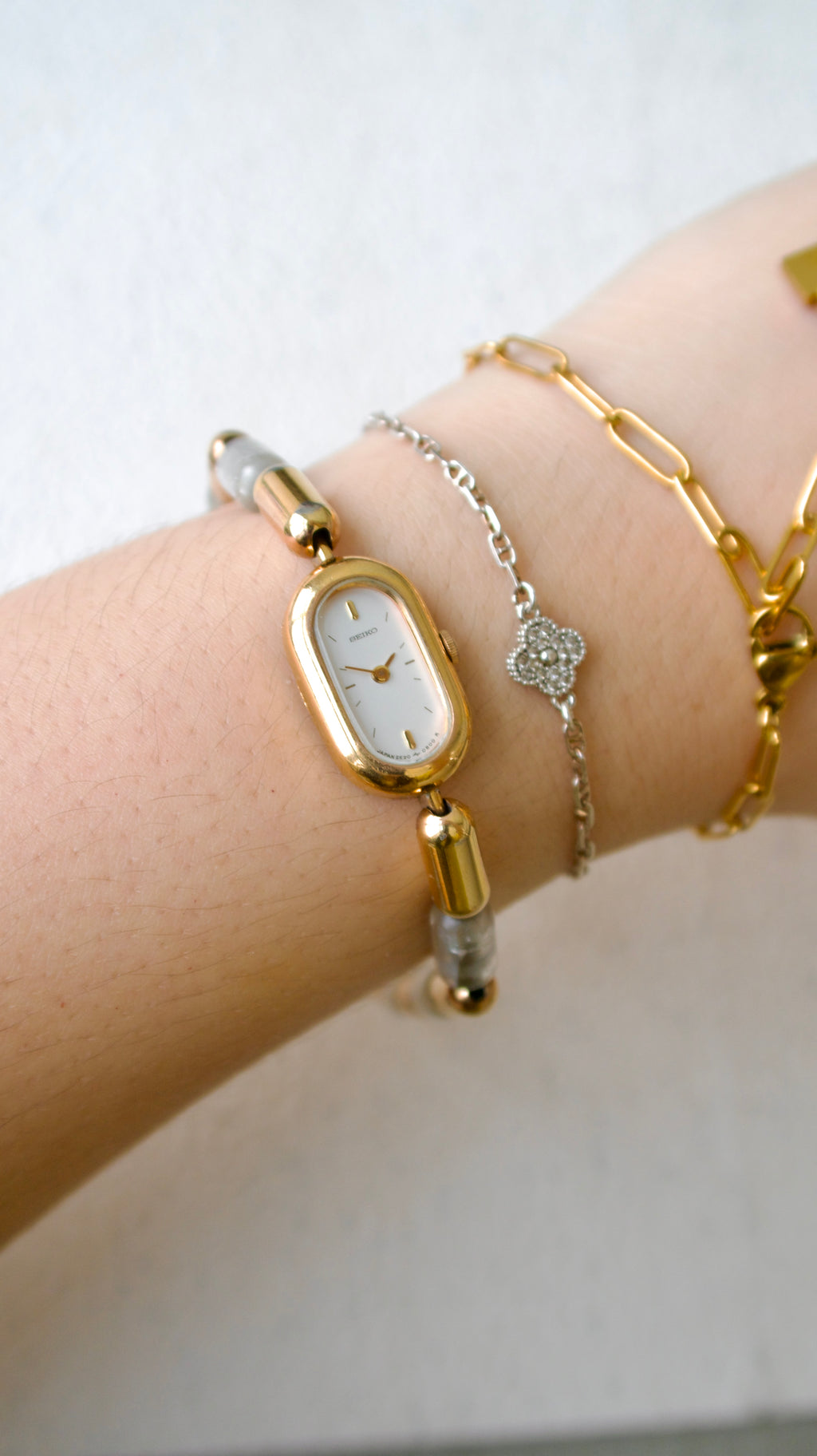 S. Oval White Dial with Gold Chain & Clear Beads