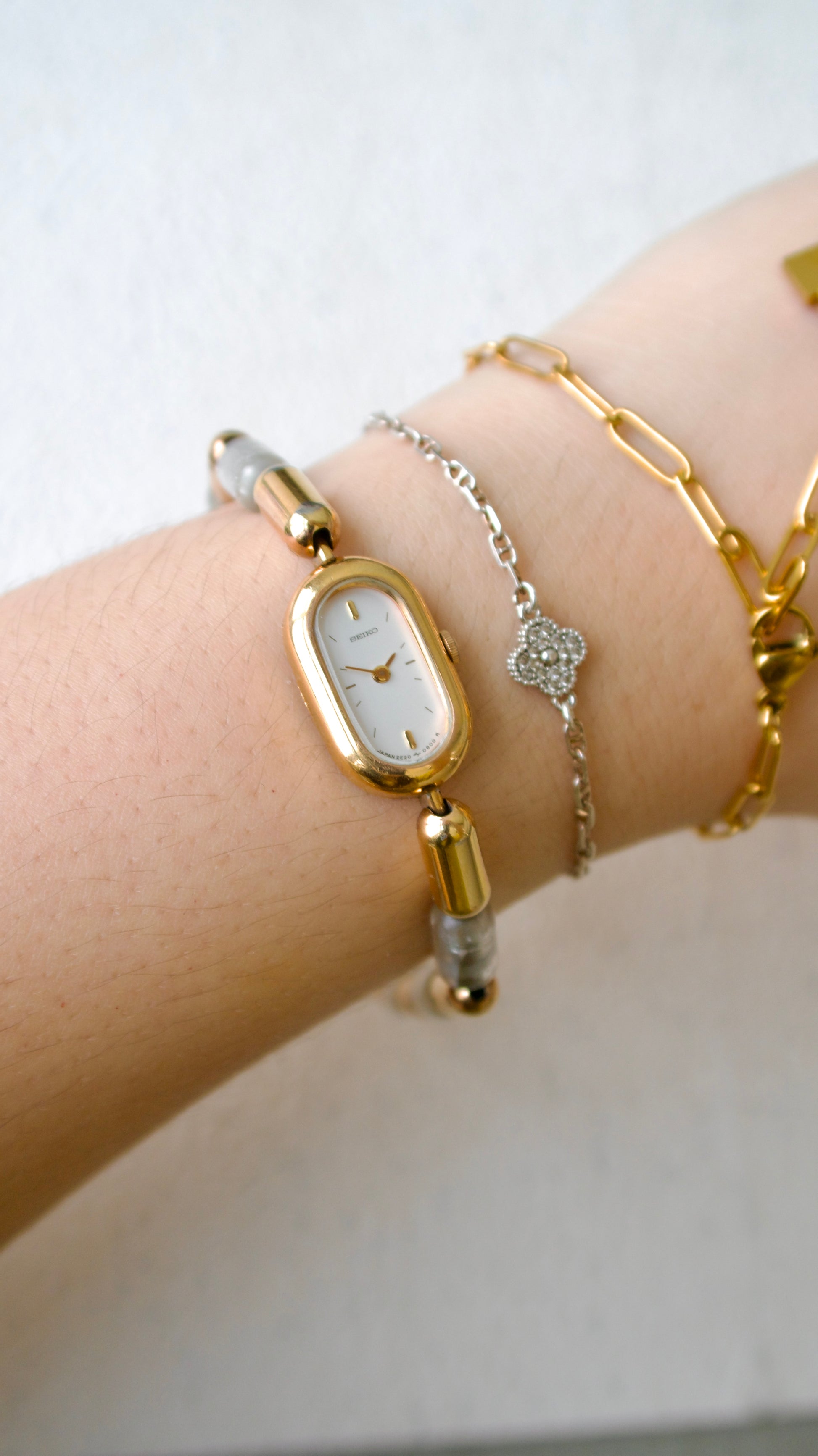 S. Oval White Dial with Gold Chain & Clear Beads