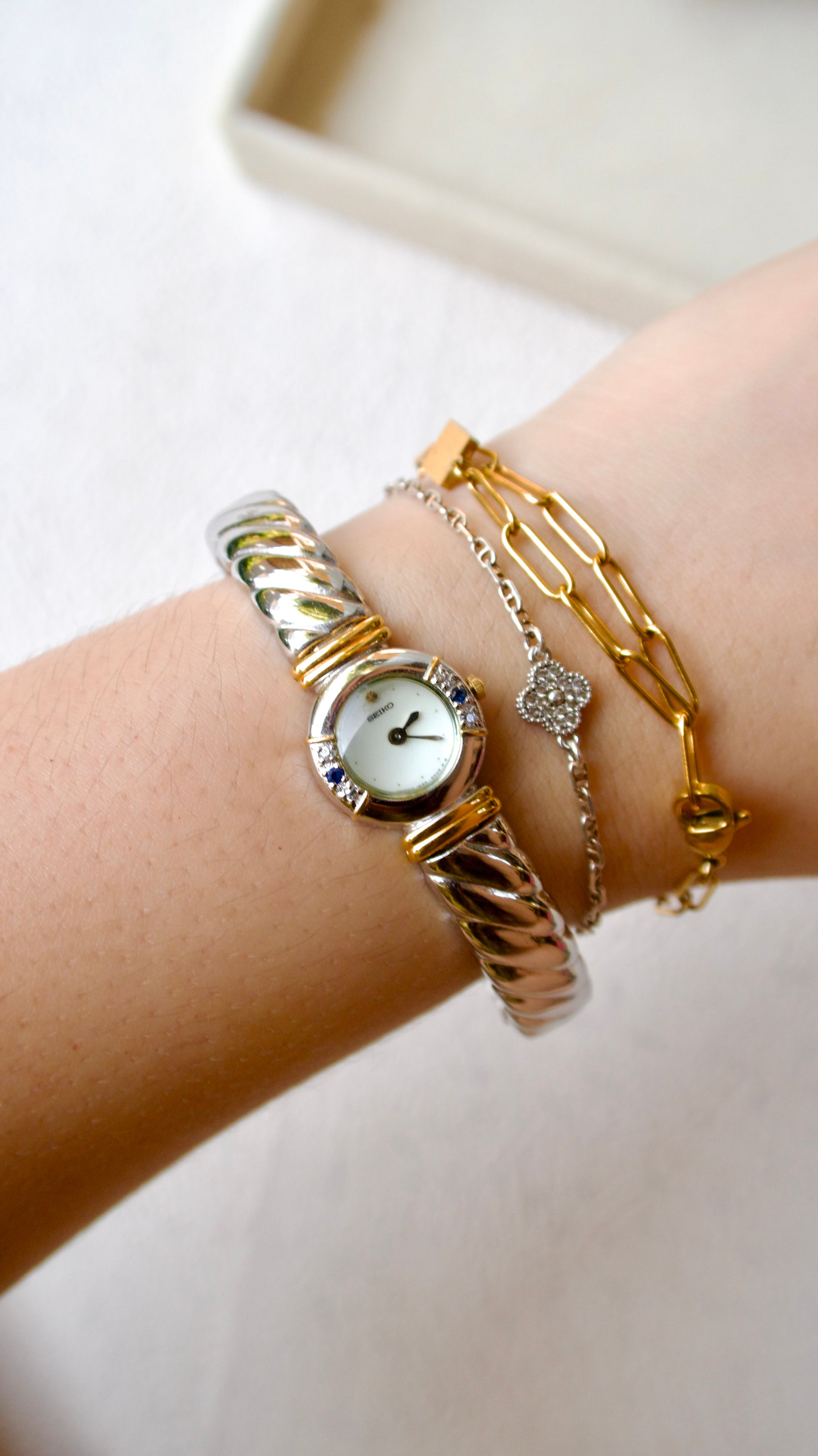 S. Silver Bangle White-Blue Round Dial Watch