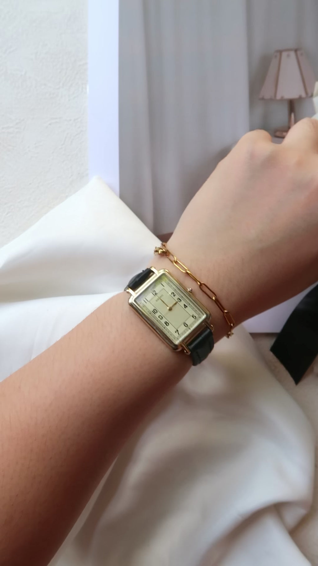 S. Square Gold Dial with Black Leather Strap Watch