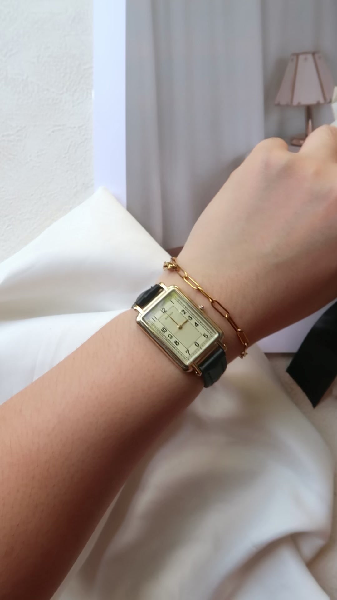 S. Square Gold Dial with Black Leather Strap Watch