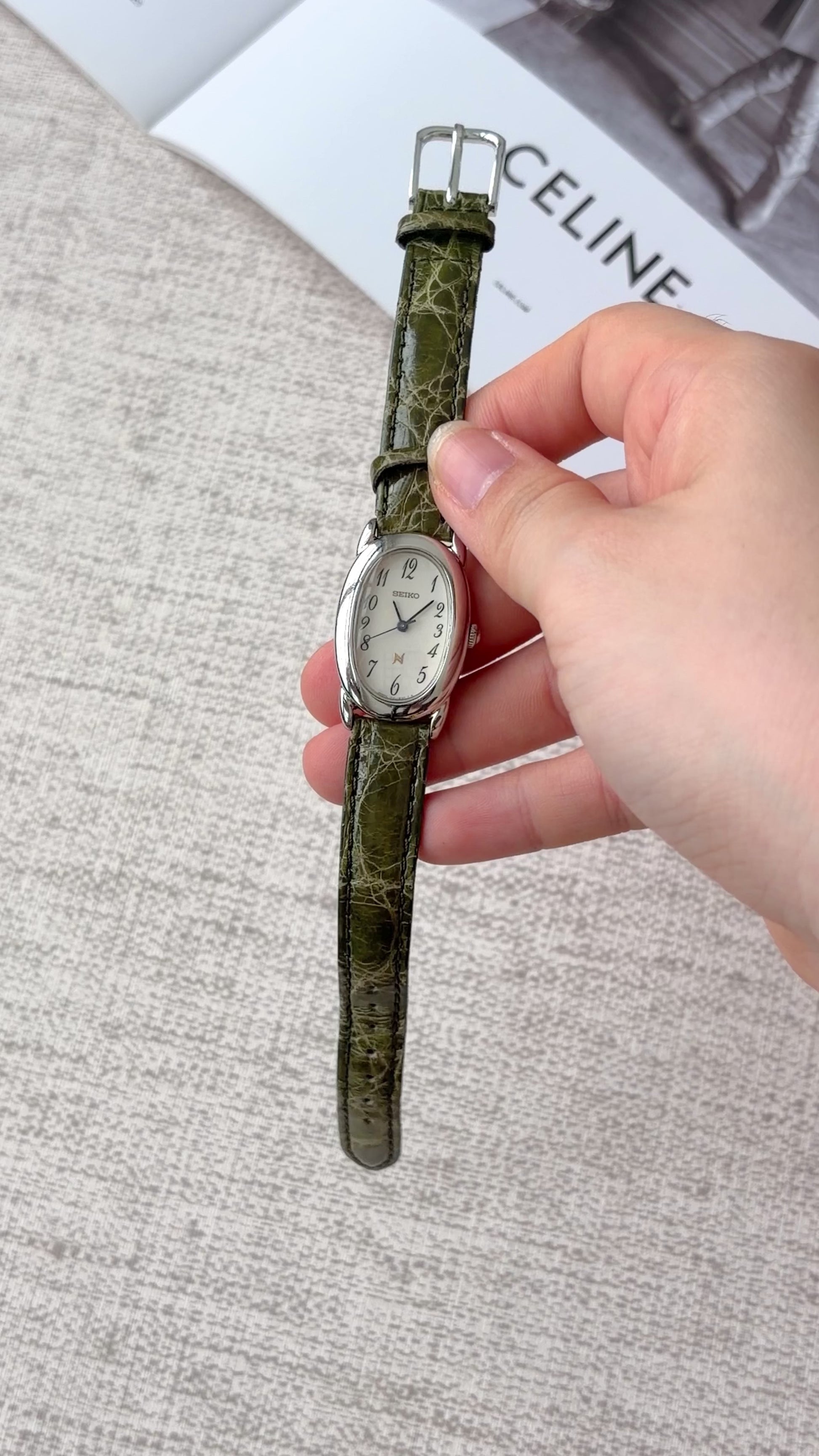 S. Noie White Oval Dial with Olive Green Strap Watch