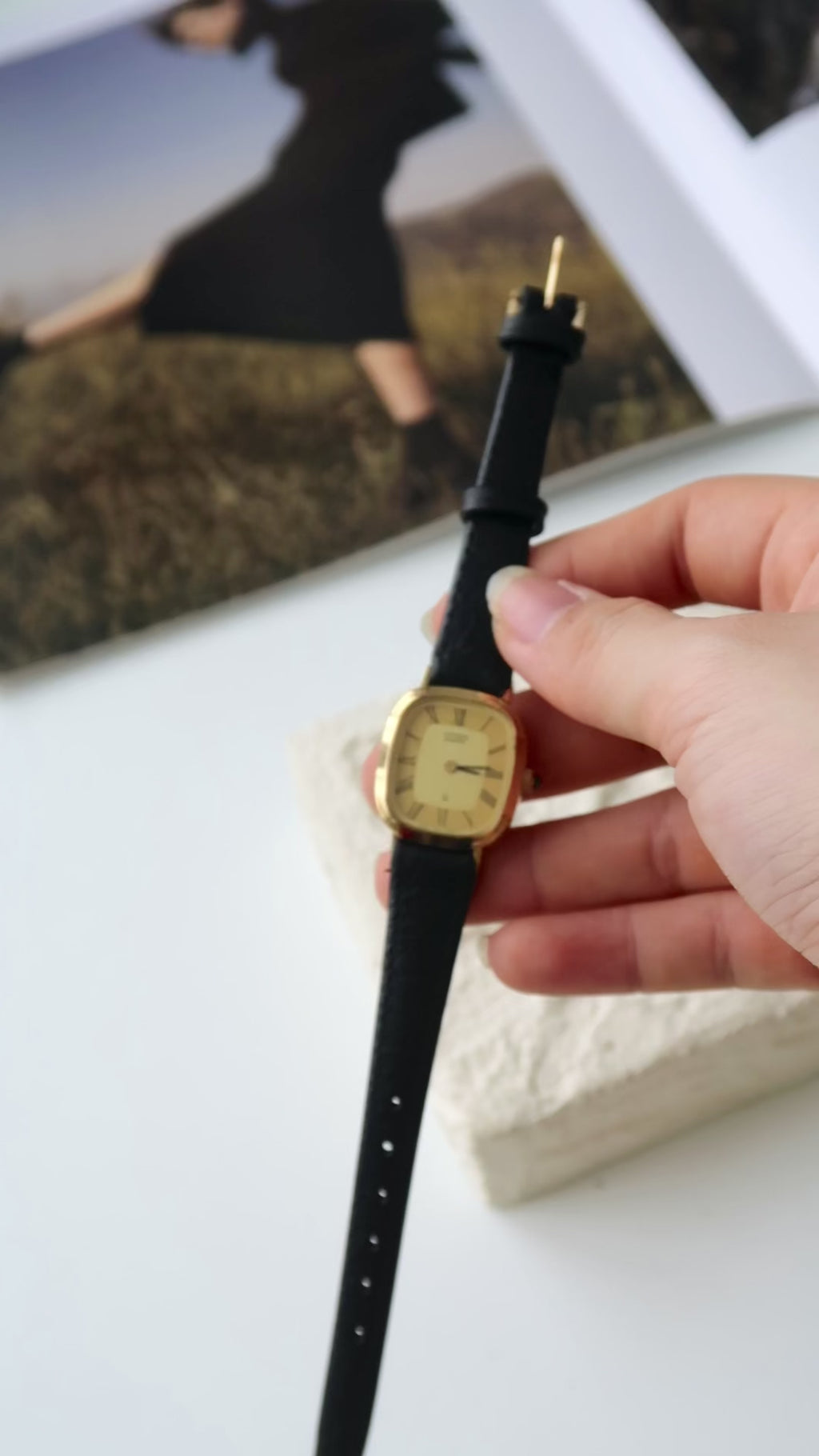 CTZ. Gold Square Roman Dial with Black Strap Watch