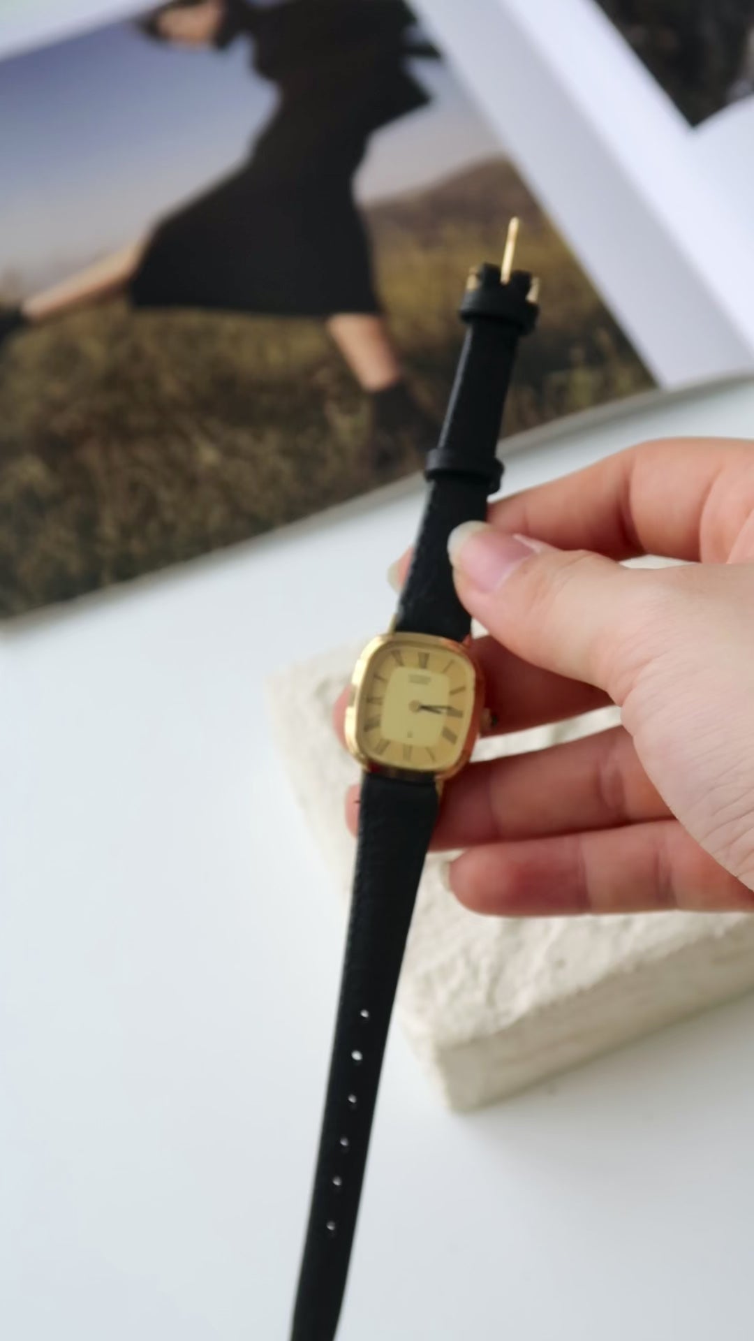 CTZ. Gold Square Roman Dial with Black Strap Watch