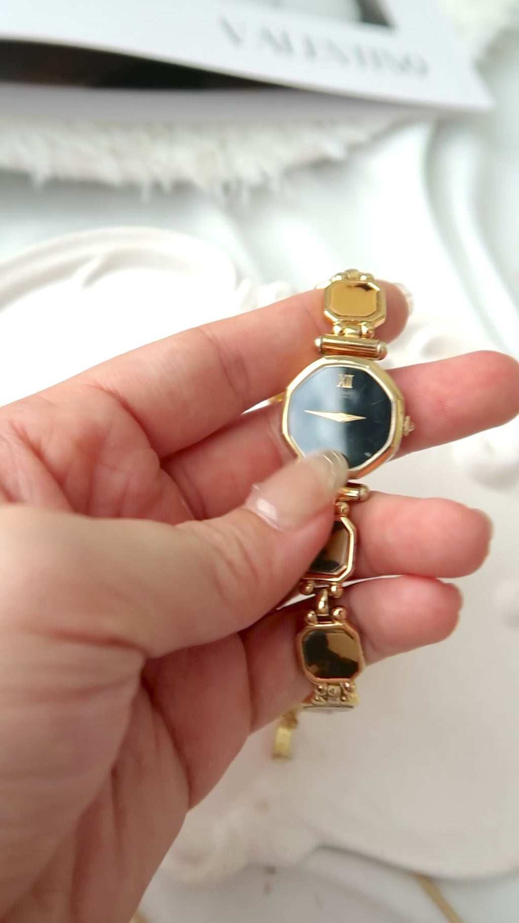 S. Black Octagon Dial with Brown & Gold Chain Watch