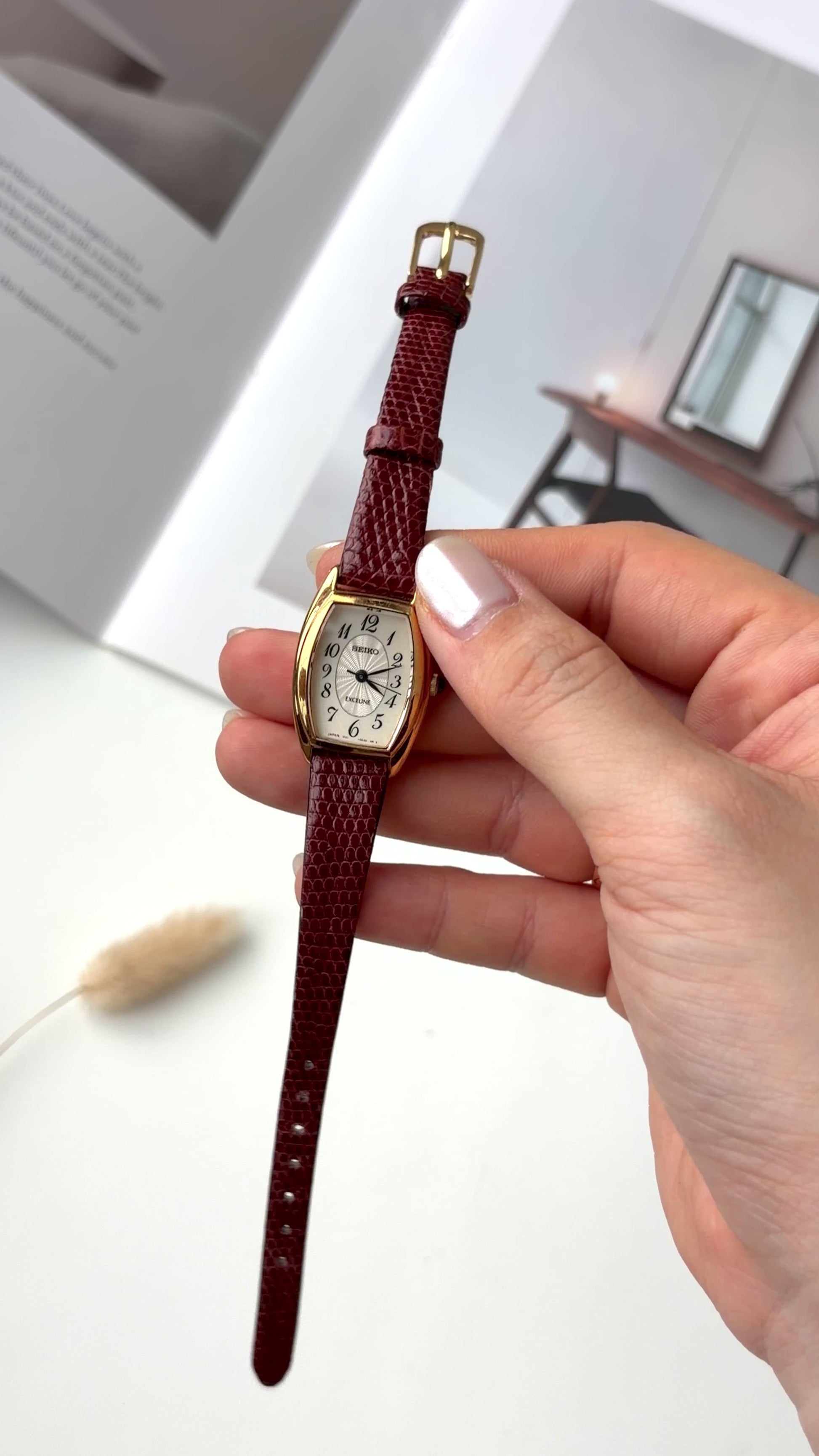 S. Exceline White Oblong Dial Brown Strap Watch