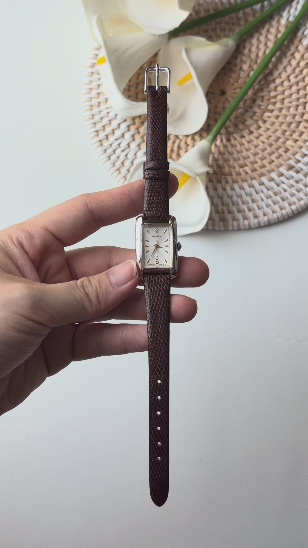 S. Lukia White Rect Dial Brown Strap Watch