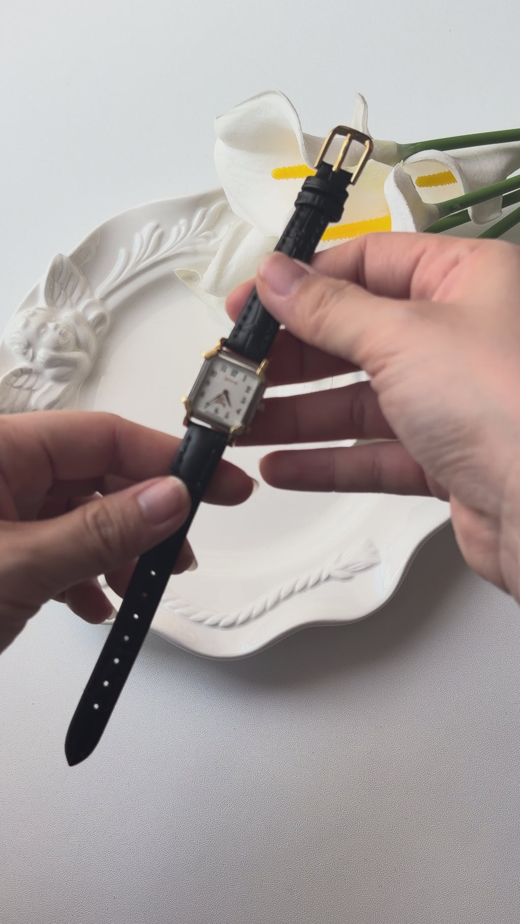 BRBY. White Rect Square Black Strap Watch