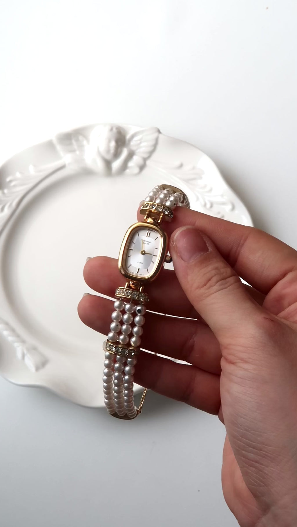 C. Aujard White & Silver Rect Duial White Pearls & Gold Chain Watch