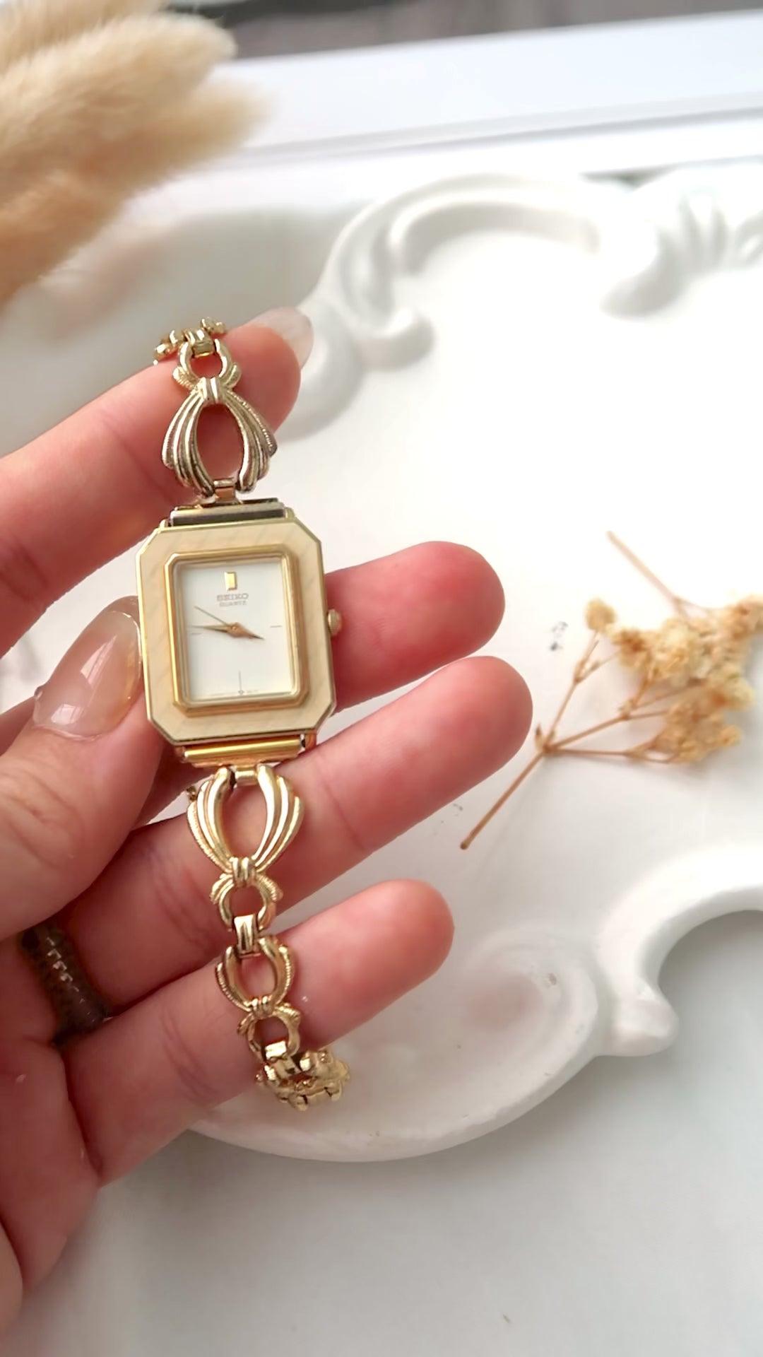 S. Rectangle White & Beige Pattern Dial with Gold Chain Vintage Watch