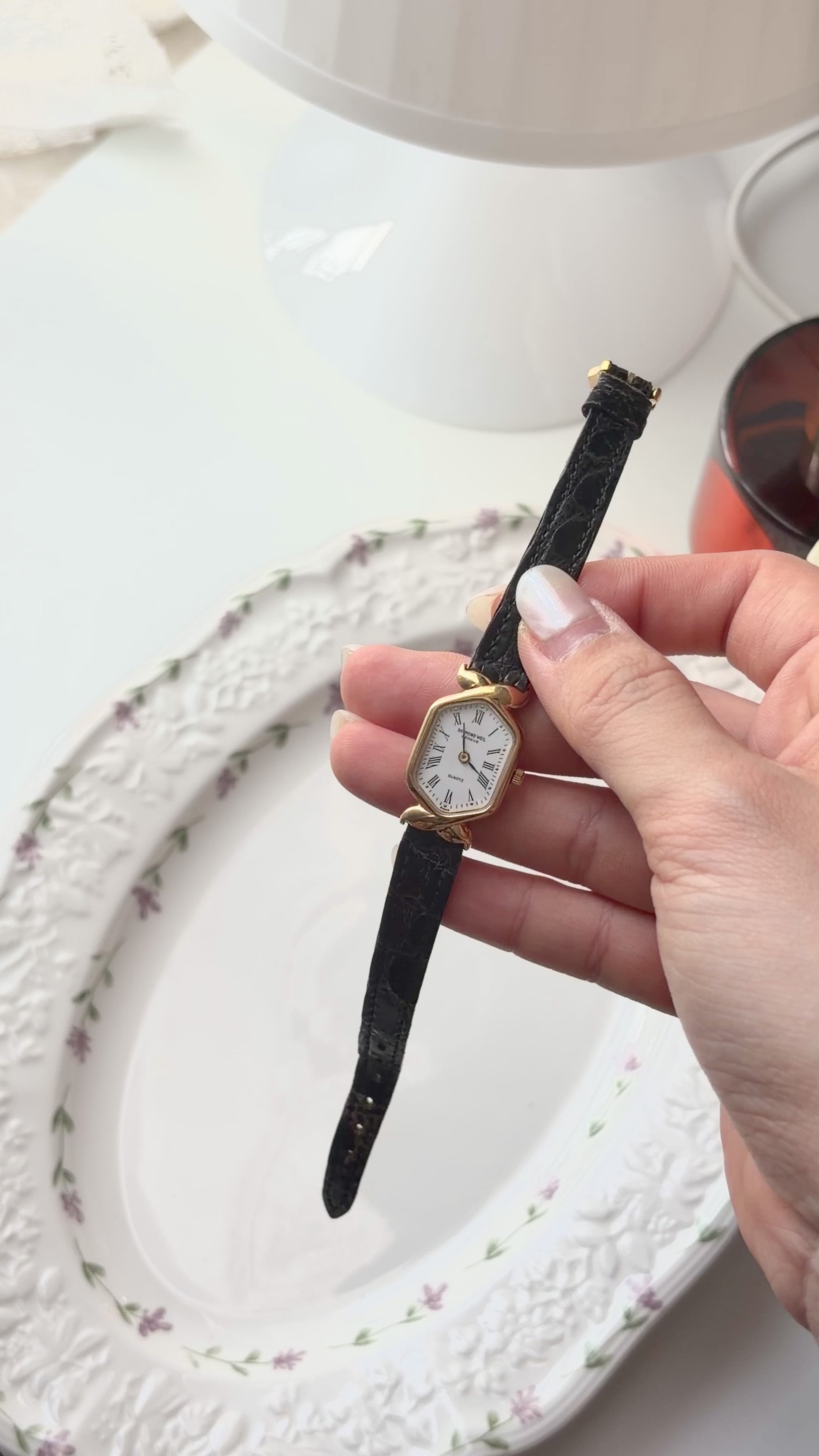 RW. Geneve White Hexagon Roman Dial Black Strap Watch