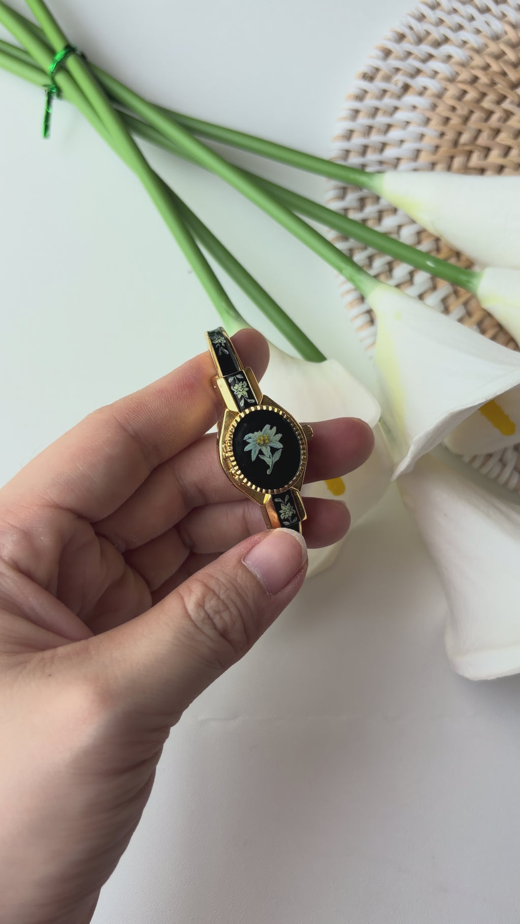 AM. White Green Flower Black Dial Gold Bangle Watch