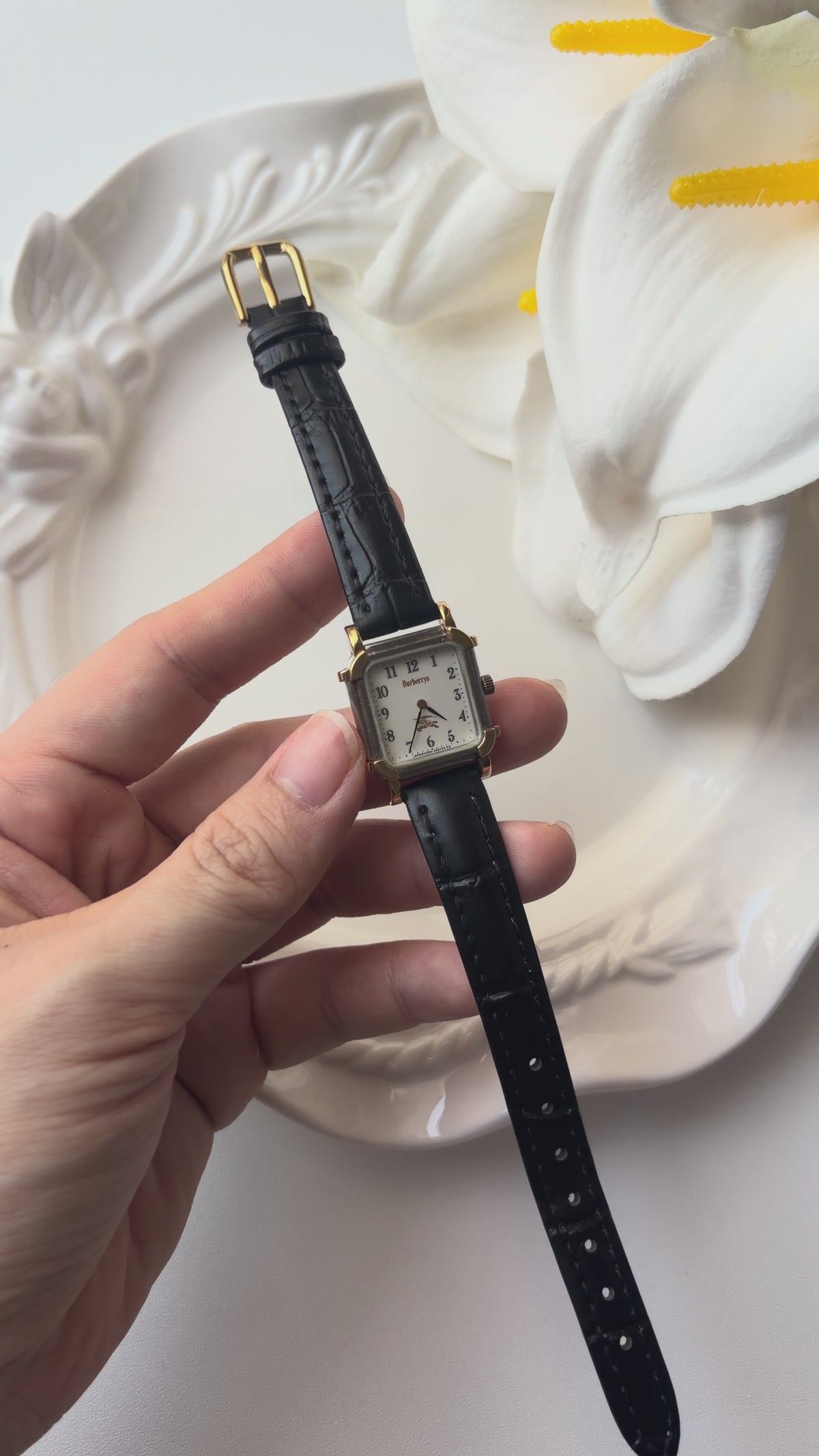BRBY. White Rect Square Black Strap Watch