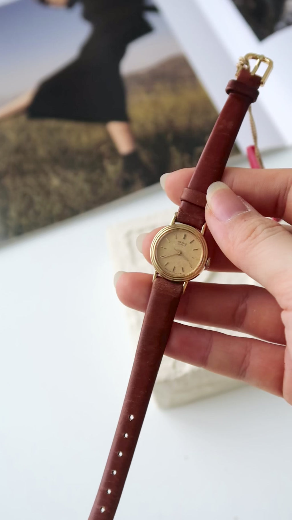 S. Gold Mini Round Dial with Brown Strap Watch