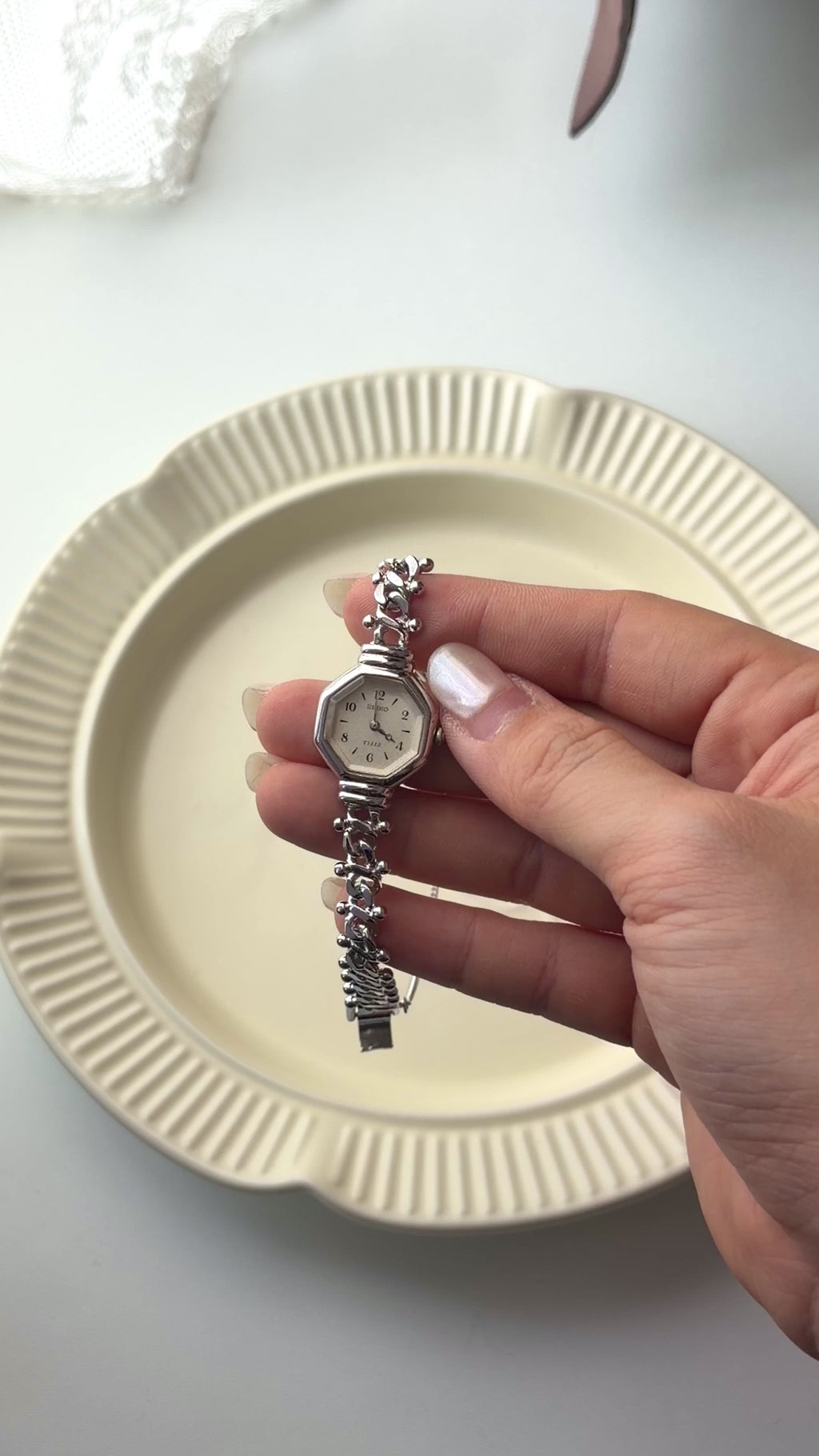 S. Tisse White Octagon Dial with Silver Chain Watch