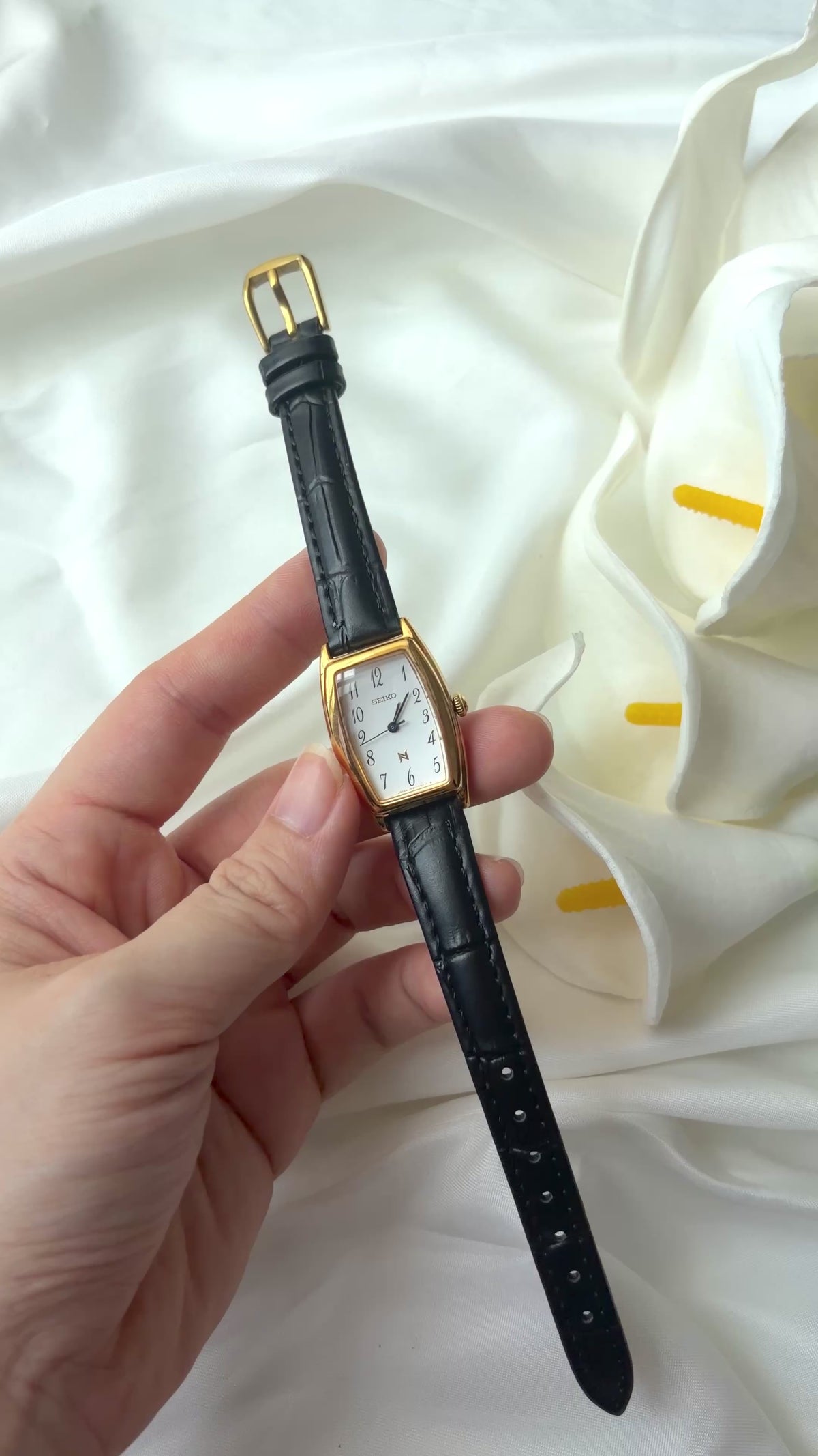 S. Noie White Oblong Dial Black Strap Watch