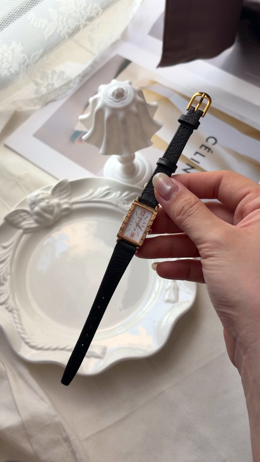 S. Lukia White Rect Dial Black Strap Watch