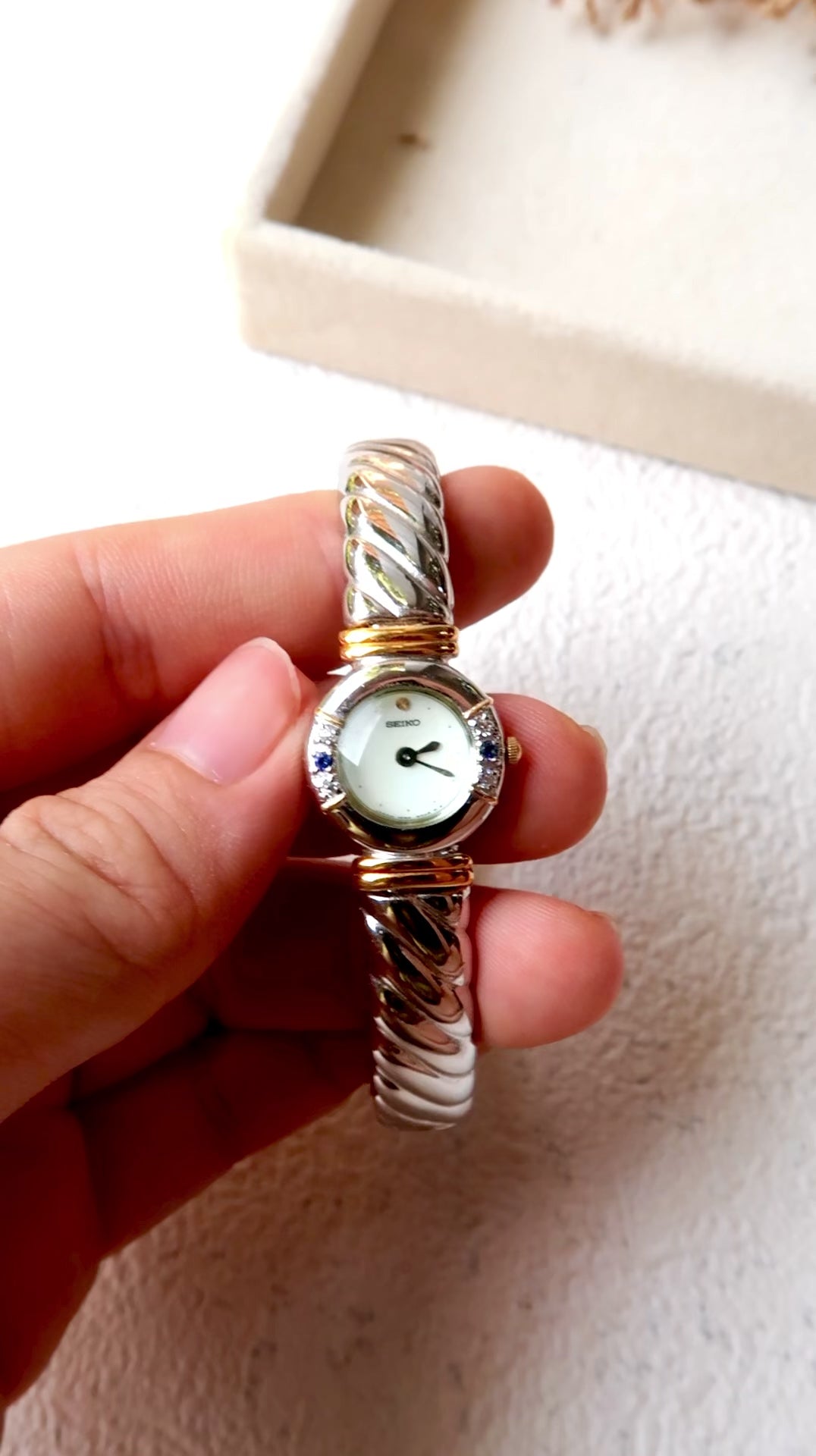 S. Silver Bangle White-Blue Round Dial Watch