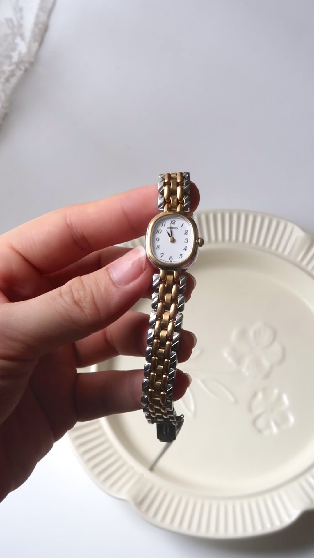 S. White Oval Dial Two Tone Chain Watch