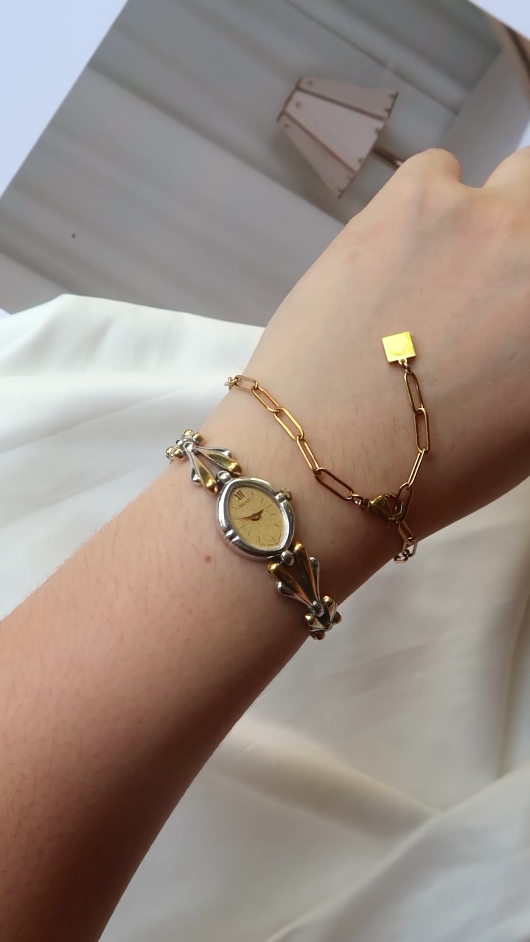 S. Diamond Shaped Gold Dial with Two Tone Chain Watch