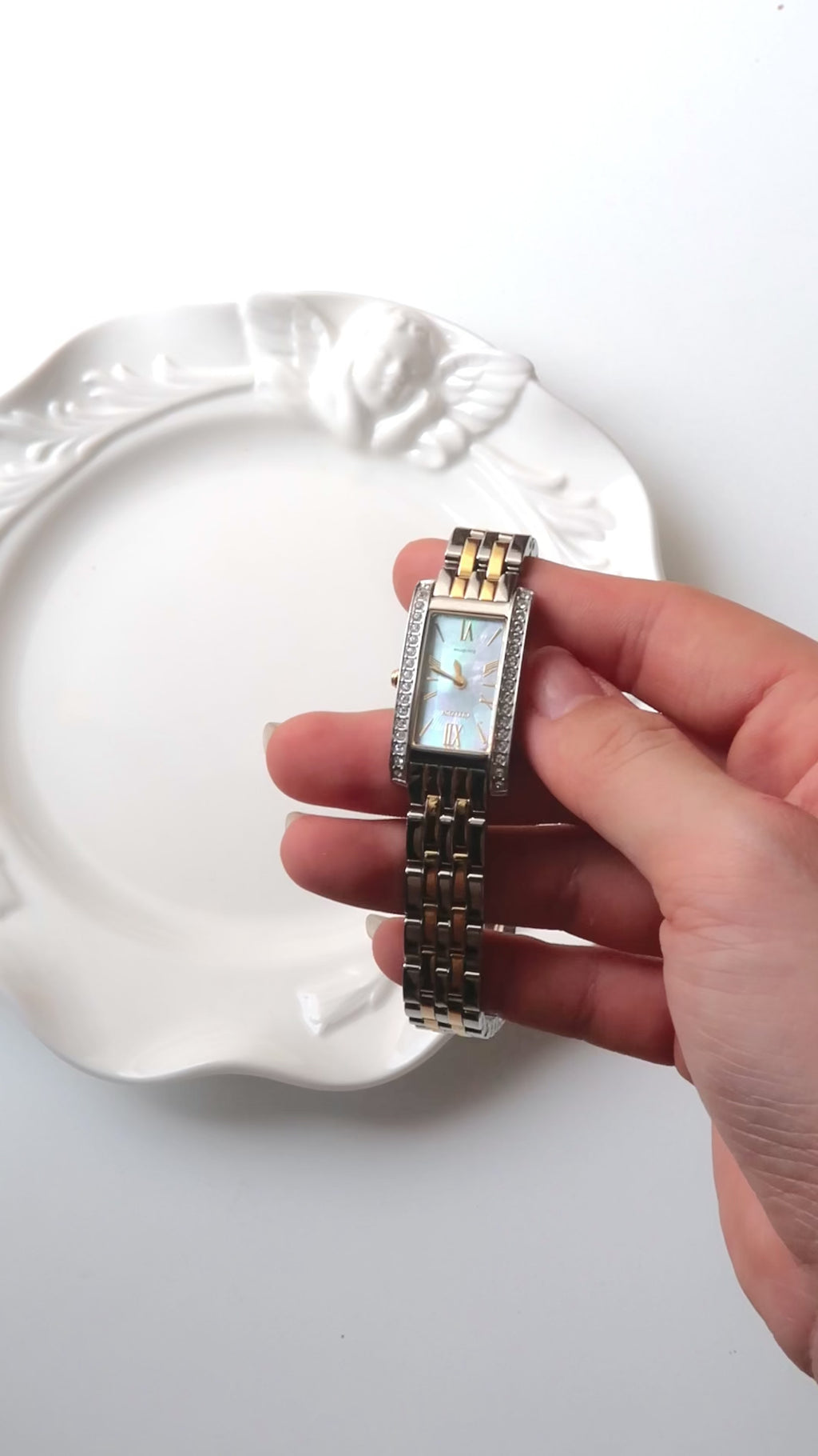 CTZ. Eco Drive White MOP Rect Dial Two Tone Chain Watch