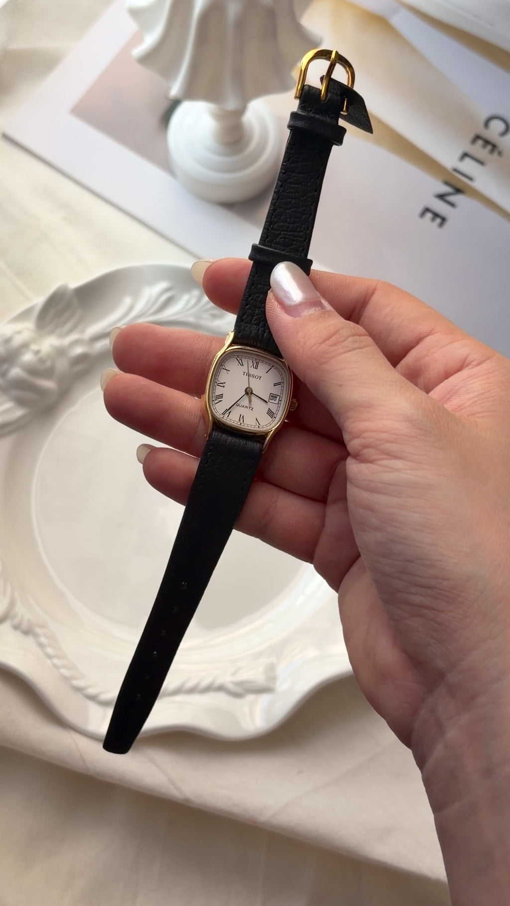 T. White Square Roman Dial Black Strap Watch