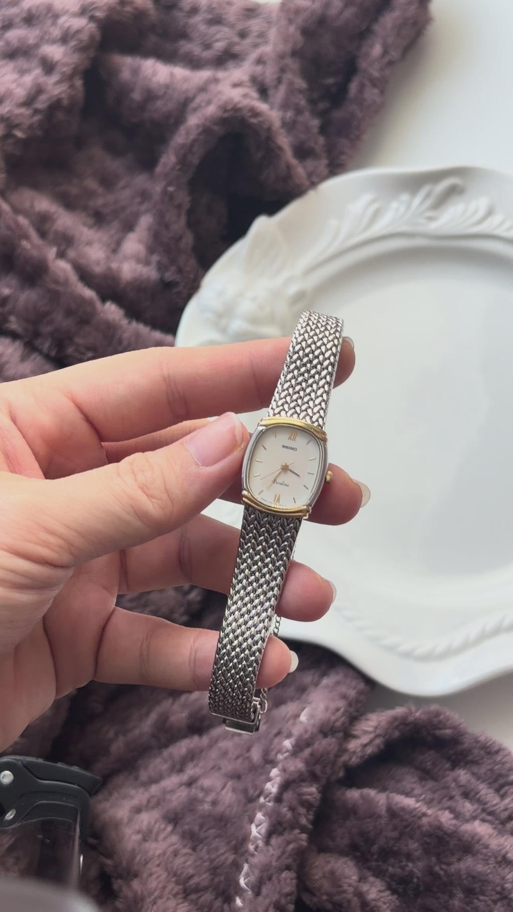 S. Exceline White & Beige Rect Dial Silver SS Braid Chain Watch