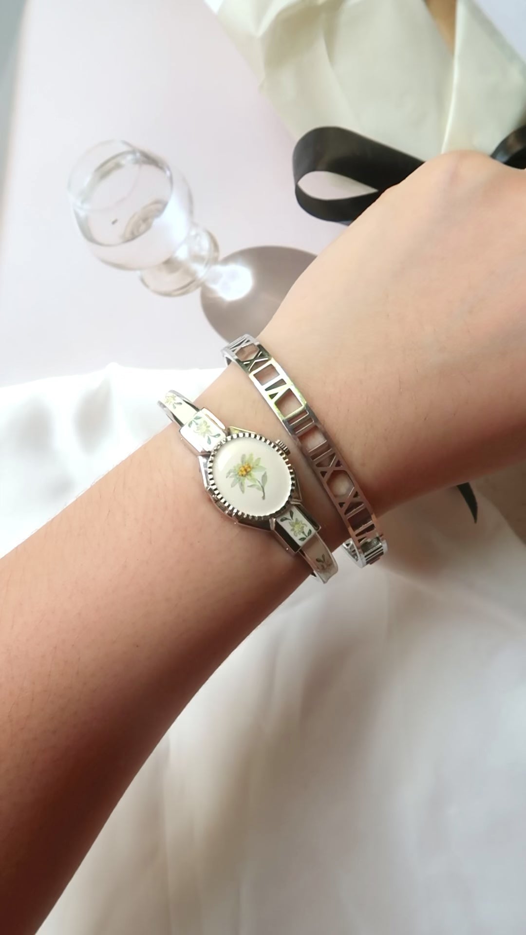 A.M. Silver Bangle with Green Flower Watch