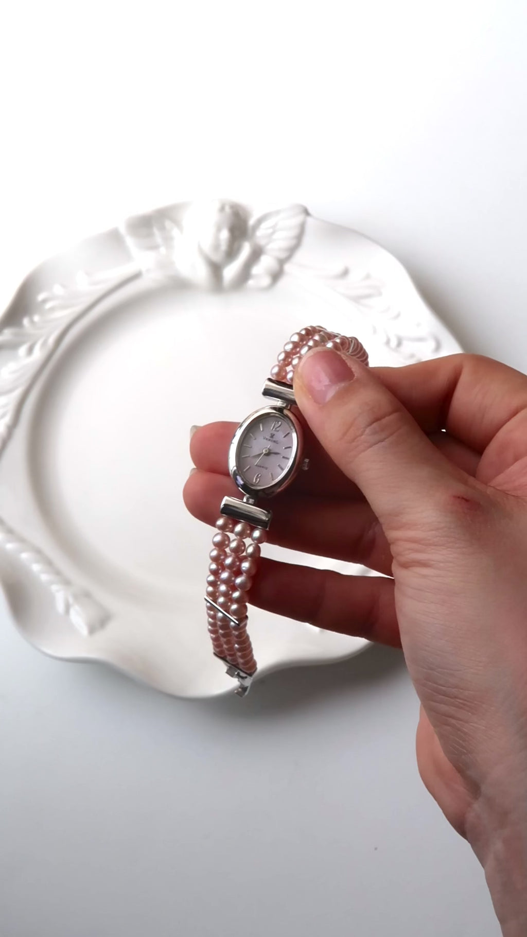 Vx. Pink MOP Oval Dial Pink Pearls Silver Chain Watch