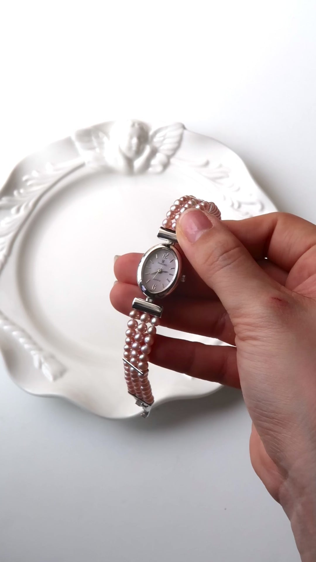 Vx. Pink MOP Oval Dial Pink Pearls Silver Chain Watch