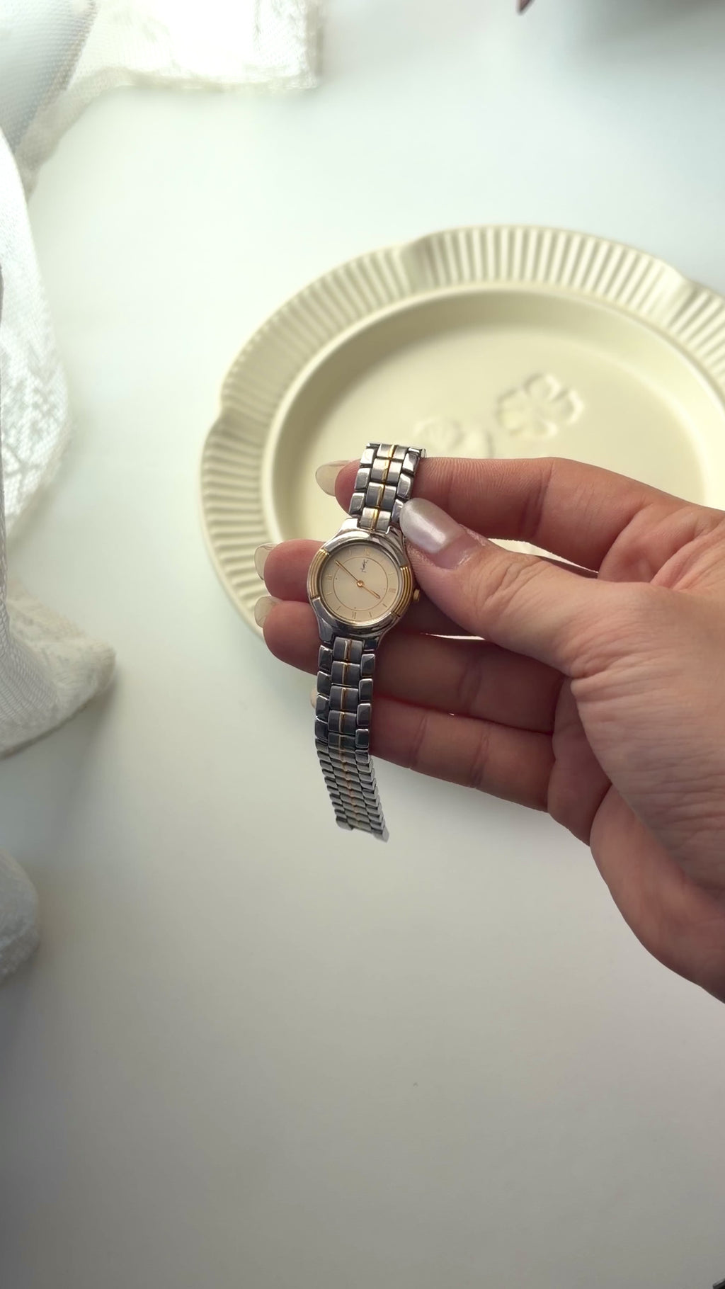 YS L Beige Round Dial with Two Tone Chain Watch
