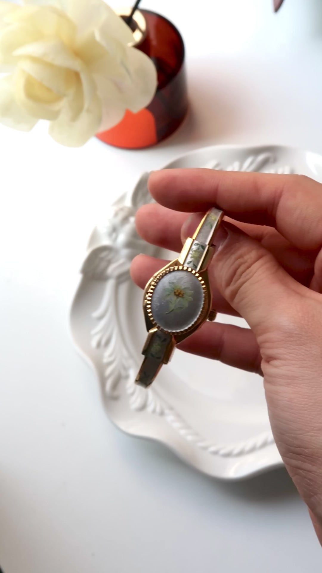 AM. Silver & Green Flower Dial Gold Bangle Watch