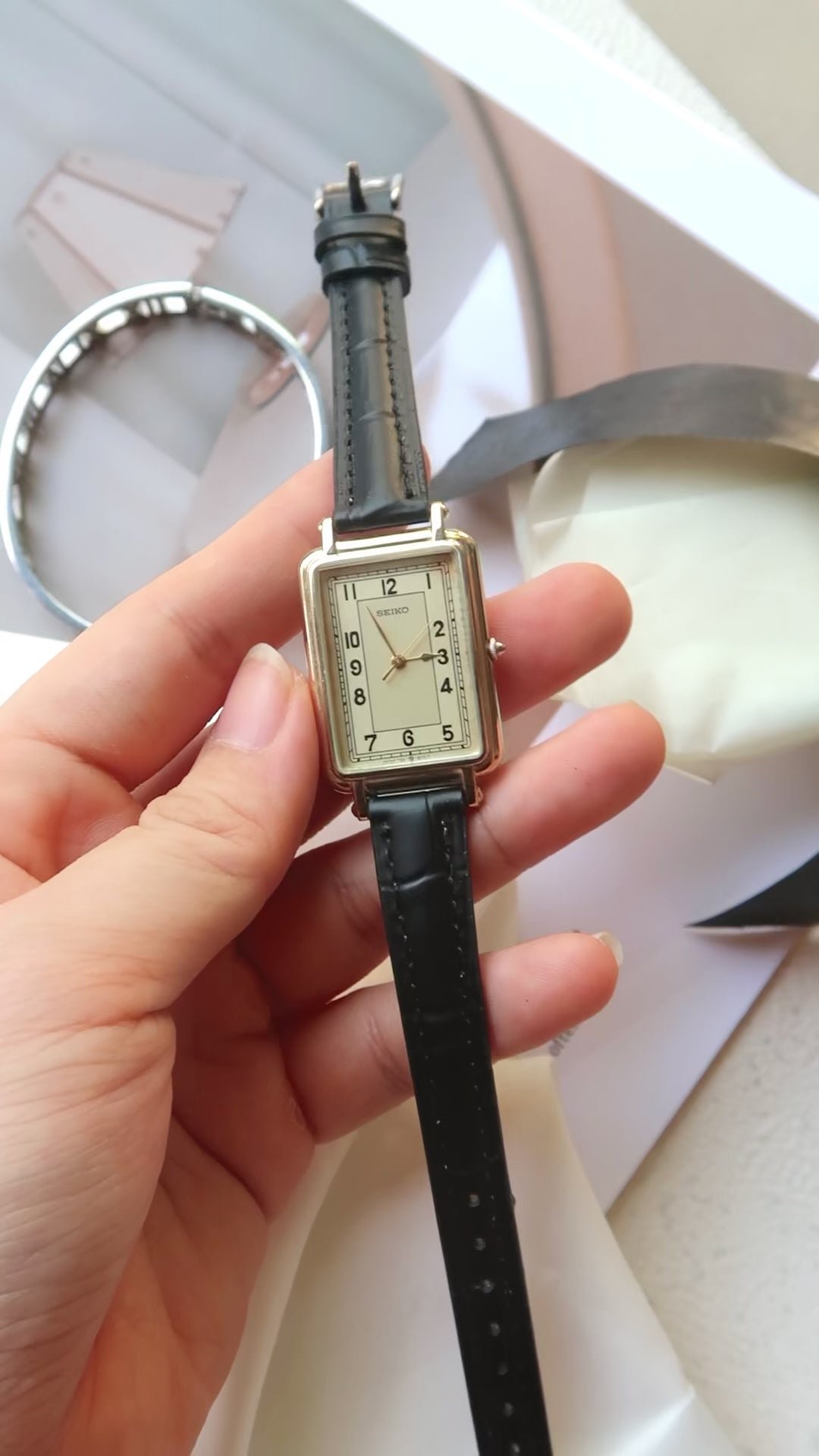 S. Square Gold Dial with Black Leather Strap Watch