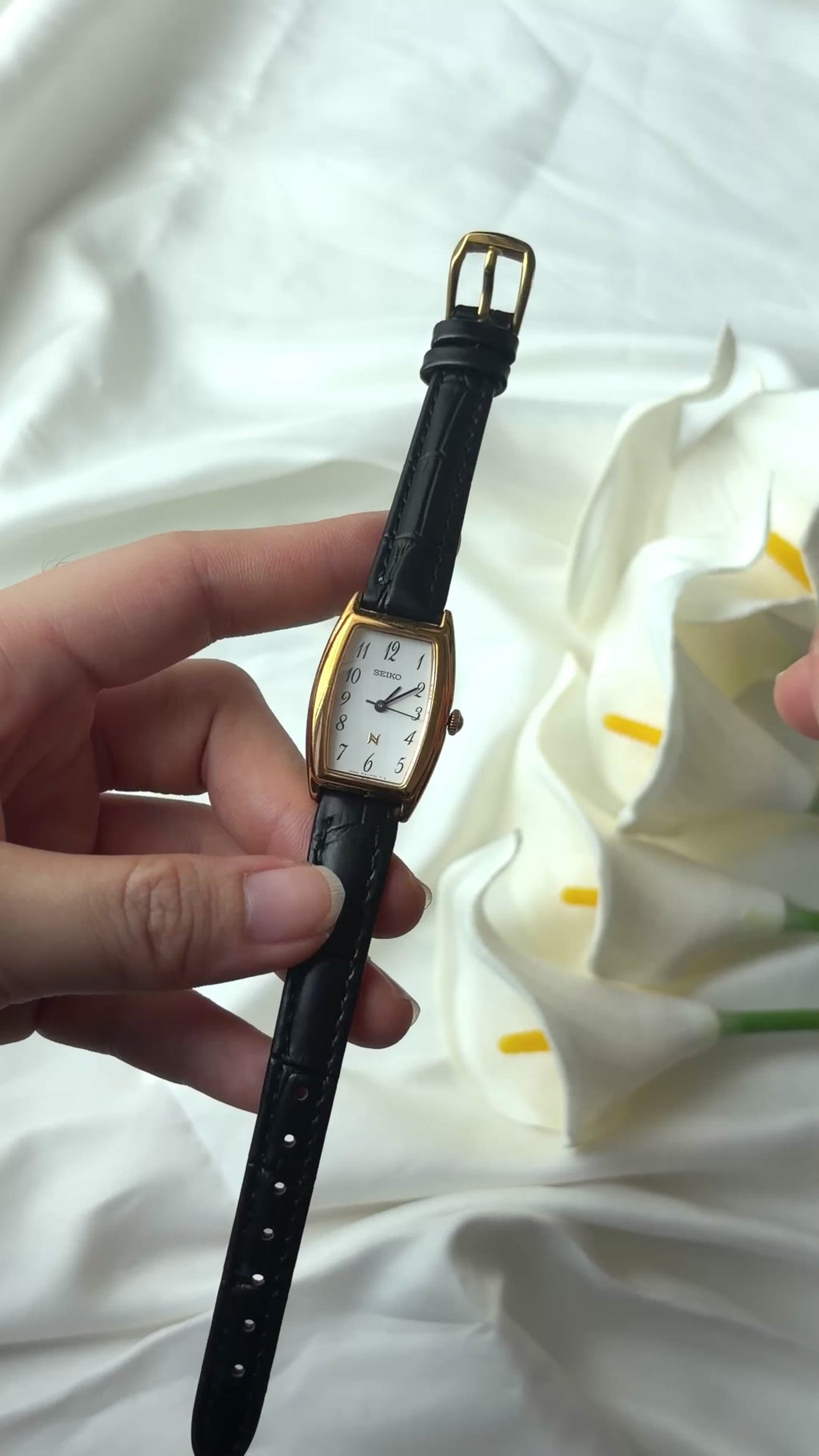 S. Noie White Oblong Dial Black Strap Watch