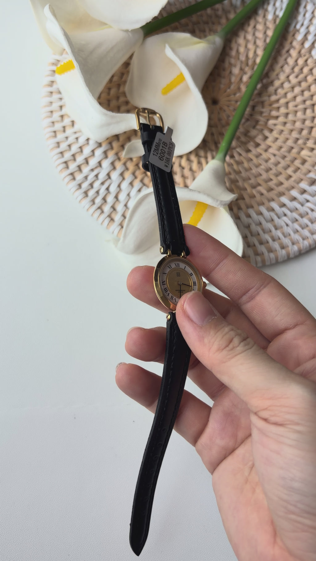 GV. White Gold Round Roman Dial Black Strap Watch